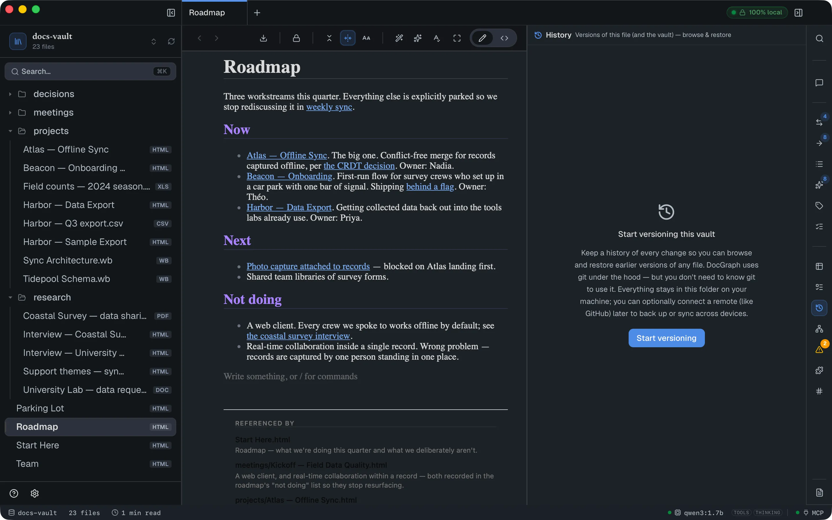 The History panel's first-run state: "Start versioning this vault", explaining that git is used under the hood, with a "Start versioning" button.