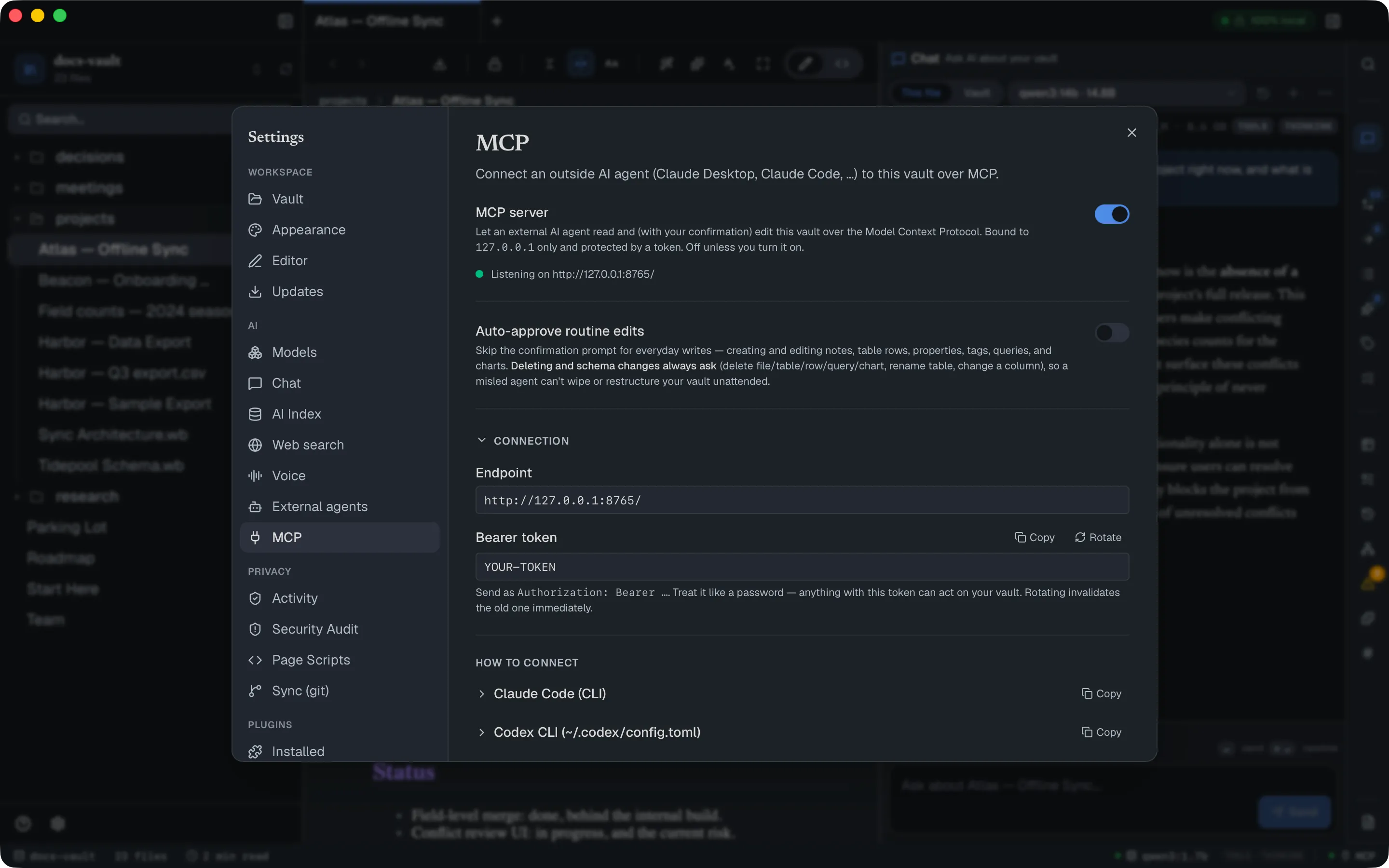 Settings → Agents & MCP: the server toggle showing "Listening on http://127.0.0.1/", the auto-approve toggle, the connection endpoint and bearer token, and a "How to connect" list.