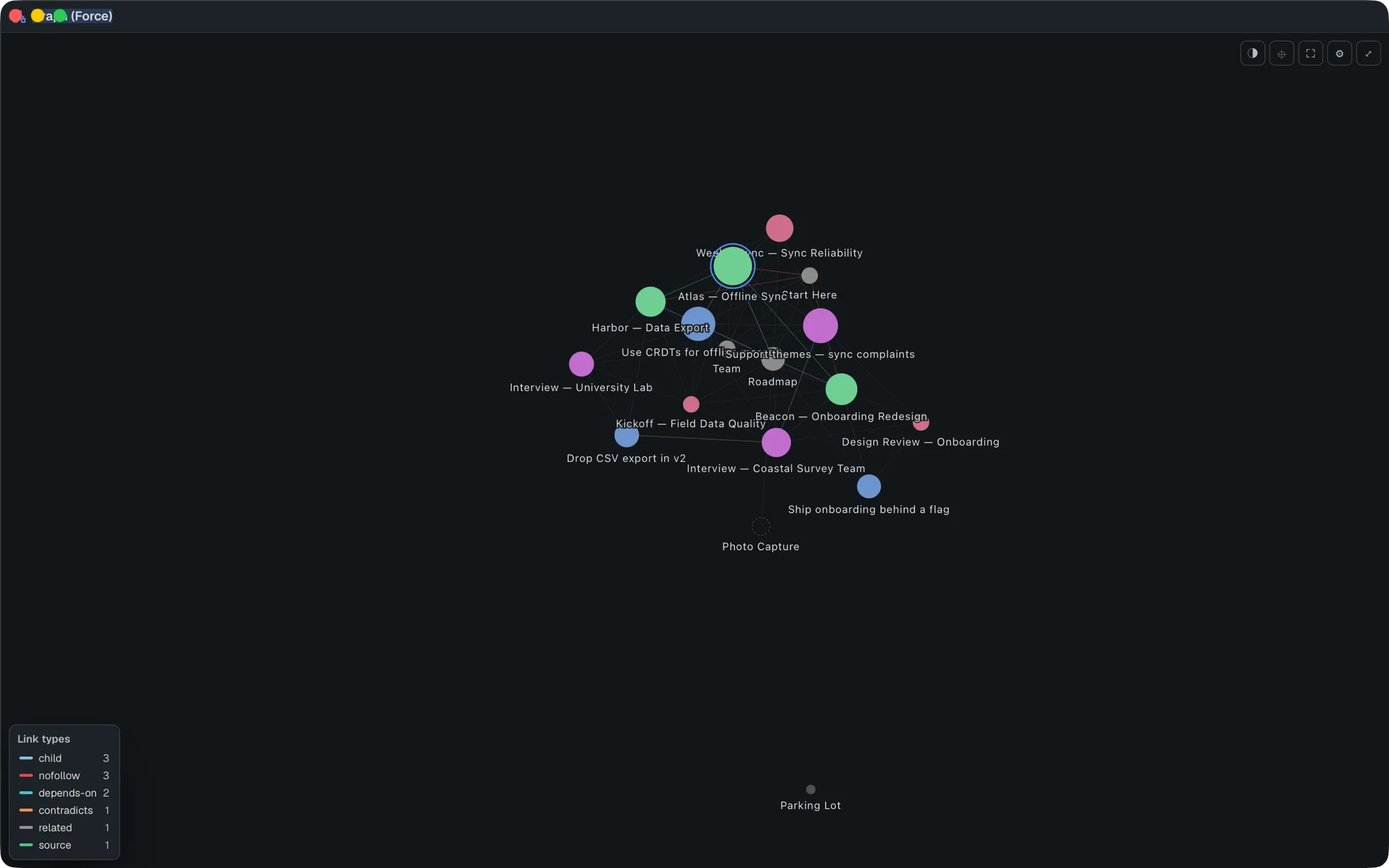 The full graph of a vault, with a legend of link types in the bottom-left corner and one large hub node.