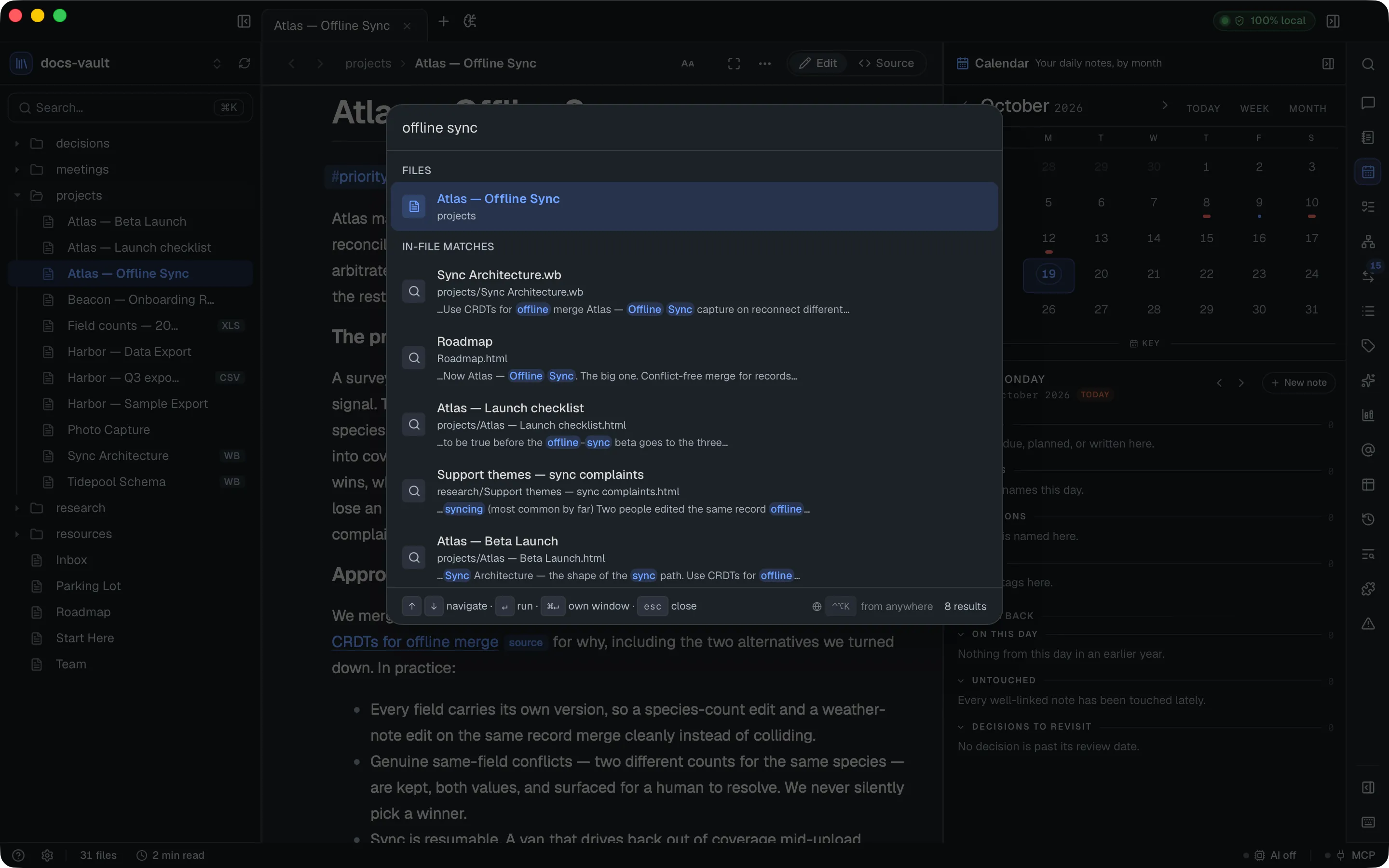 The command palette searching "offline sync": the matching note under Files, then In-file matches with the words highlighted in context, and the result count in the footer.