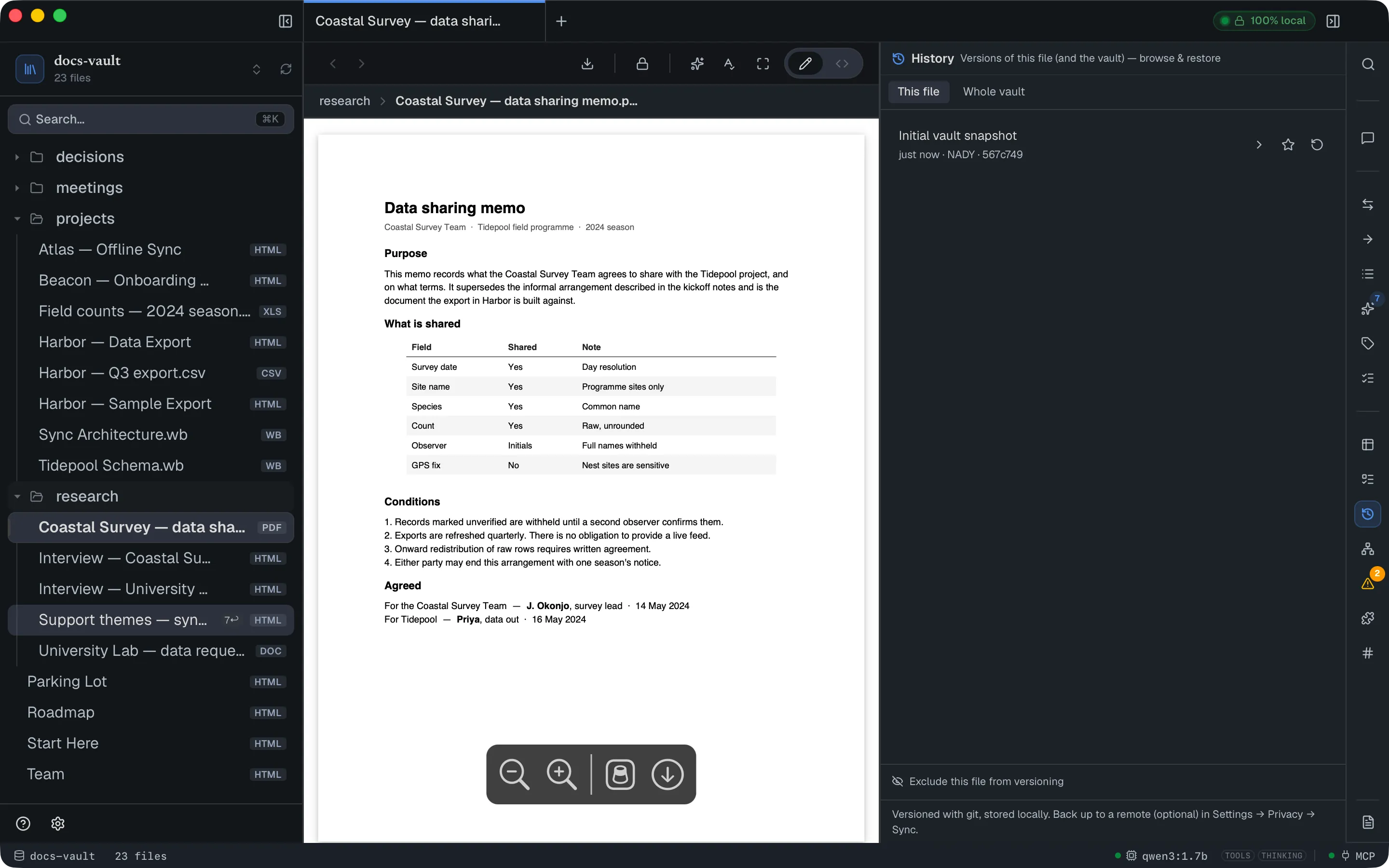 A one-page PDF memo rendered in DocGraph's viewer, with the vault's file tree alongside it and the native PDF zoom and download controls at the bottom.