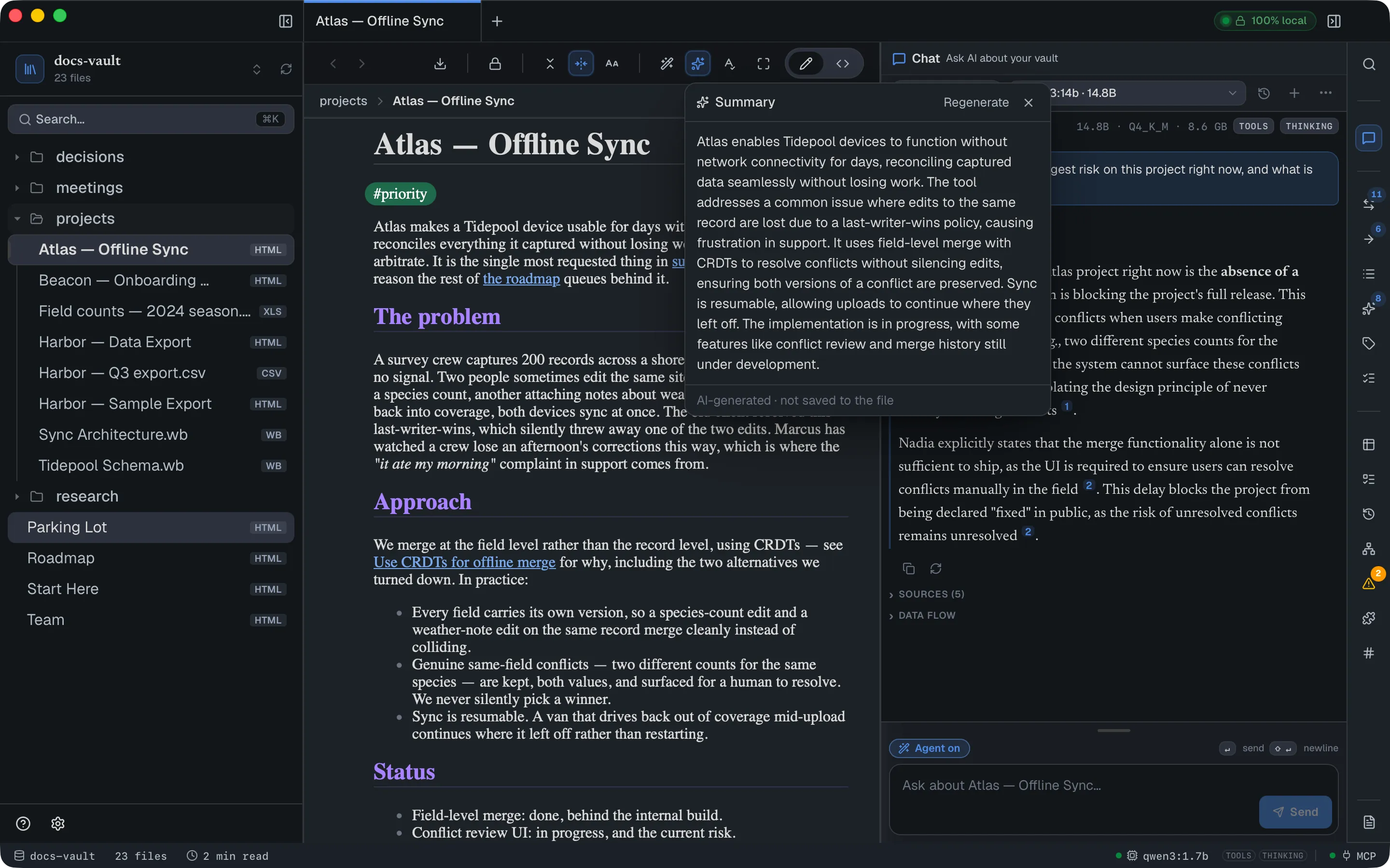 The Summarize popover open over a project note, showing a paragraph-long AI summary and the footer "AI-generated · not saved to the file".