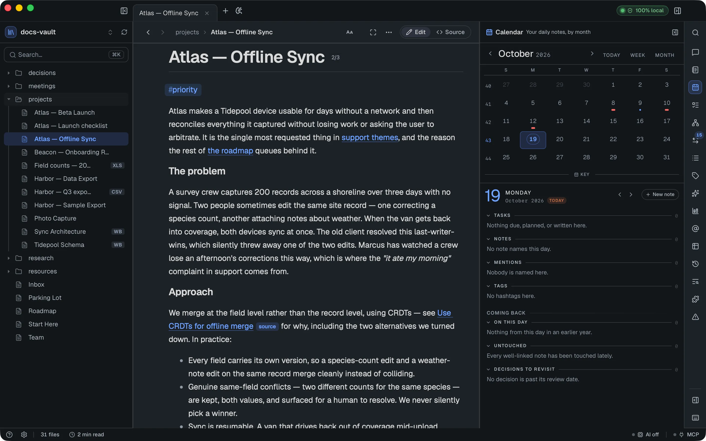 DocGraph with a project note open. One page bar runs across the top of the page: back and forward arrows, the path (projects › Atlas — Offline Sync), then the reading options, focus mode, the ⋯ menu and the Edit / Source switch at the right.