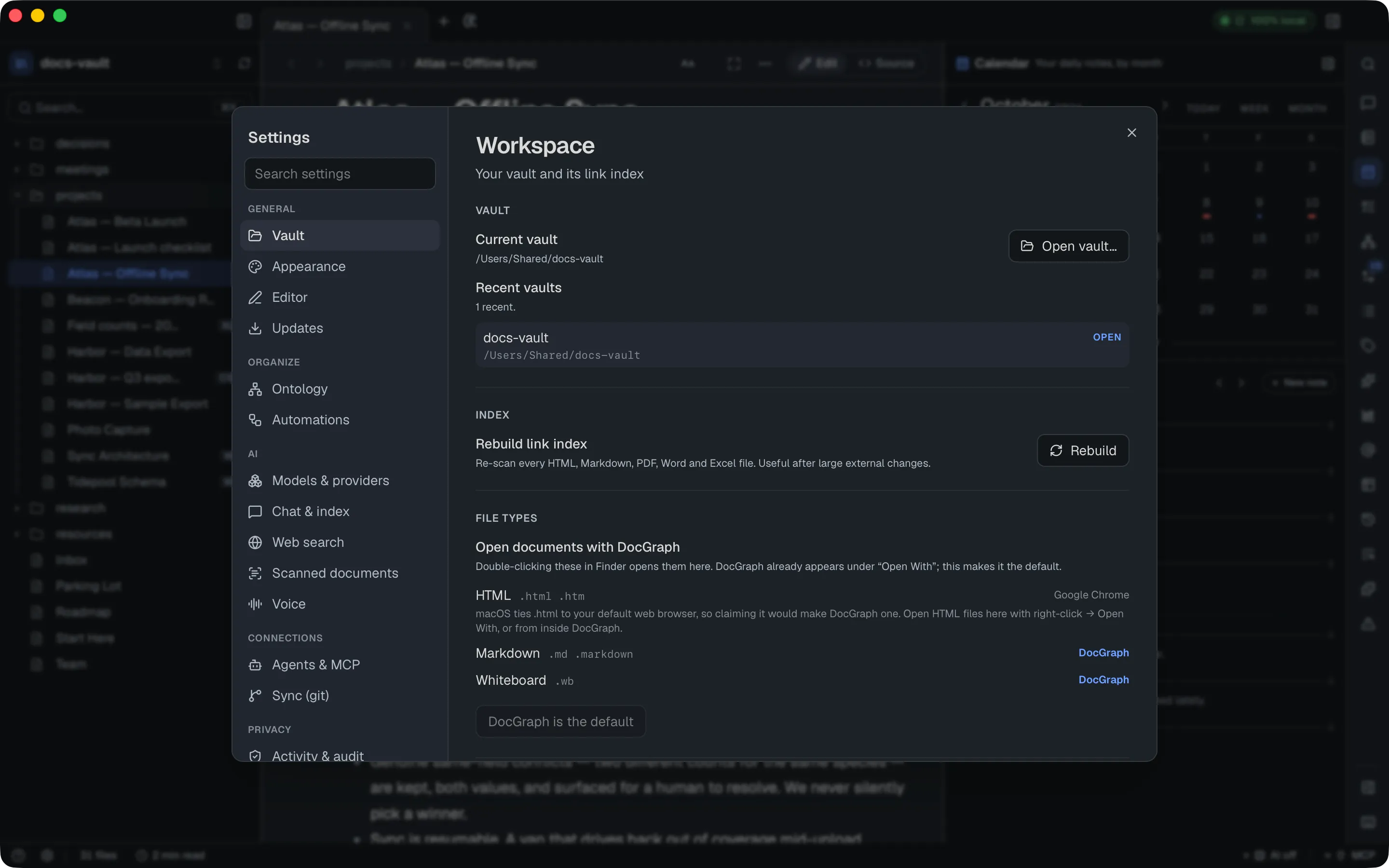 Settings → General → Vault: the current vault path, the recent vaults, "Rebuild link index", and the file types DocGraph opens from Finder. The sidebar groups the tabs under General, Organize, AI, Connections, Privacy and Plugins.
