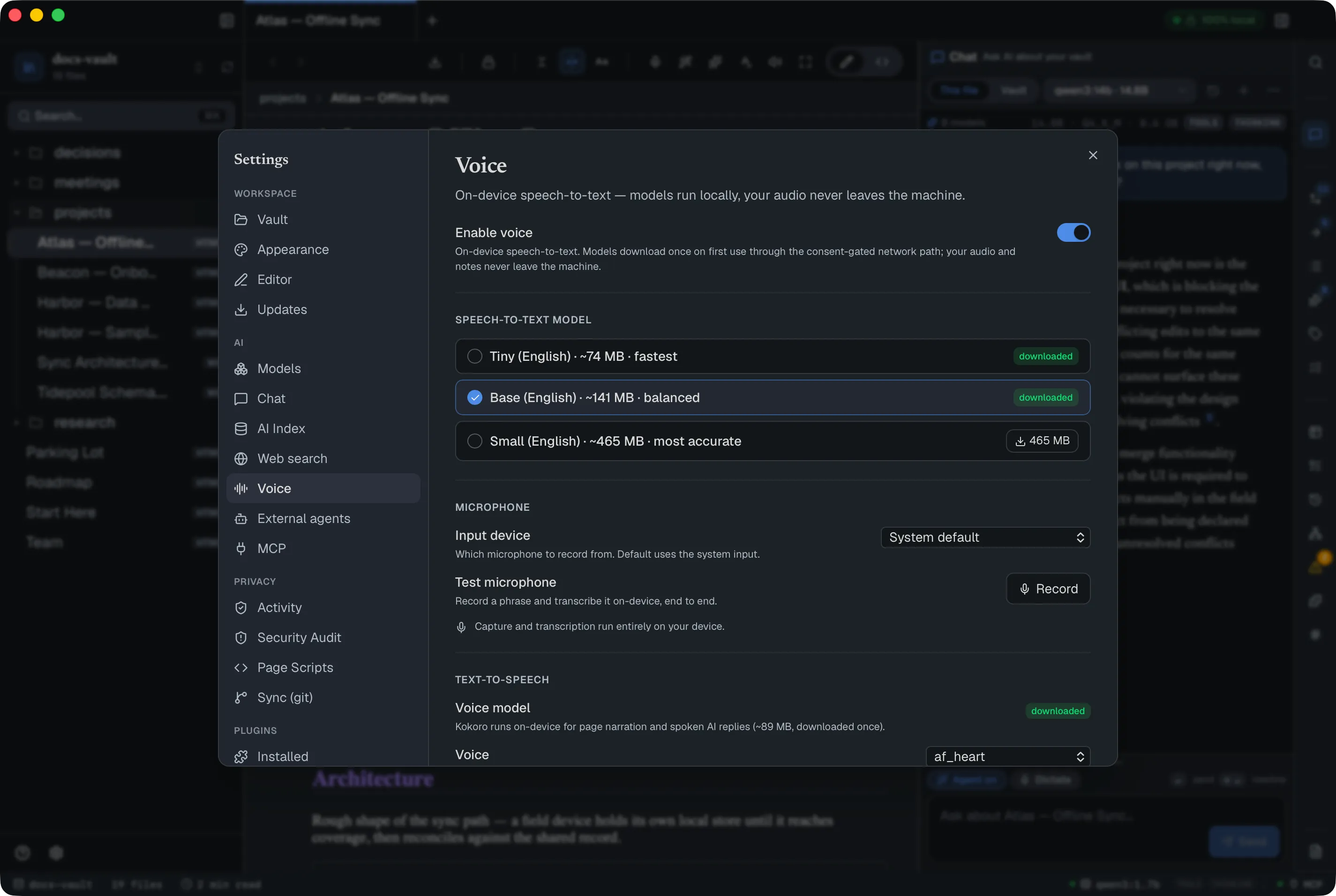 Settings → AI → Voice: the enable toggle, three selectable speech-to-text model sizes, a microphone test, and the text-to-speech voice model.