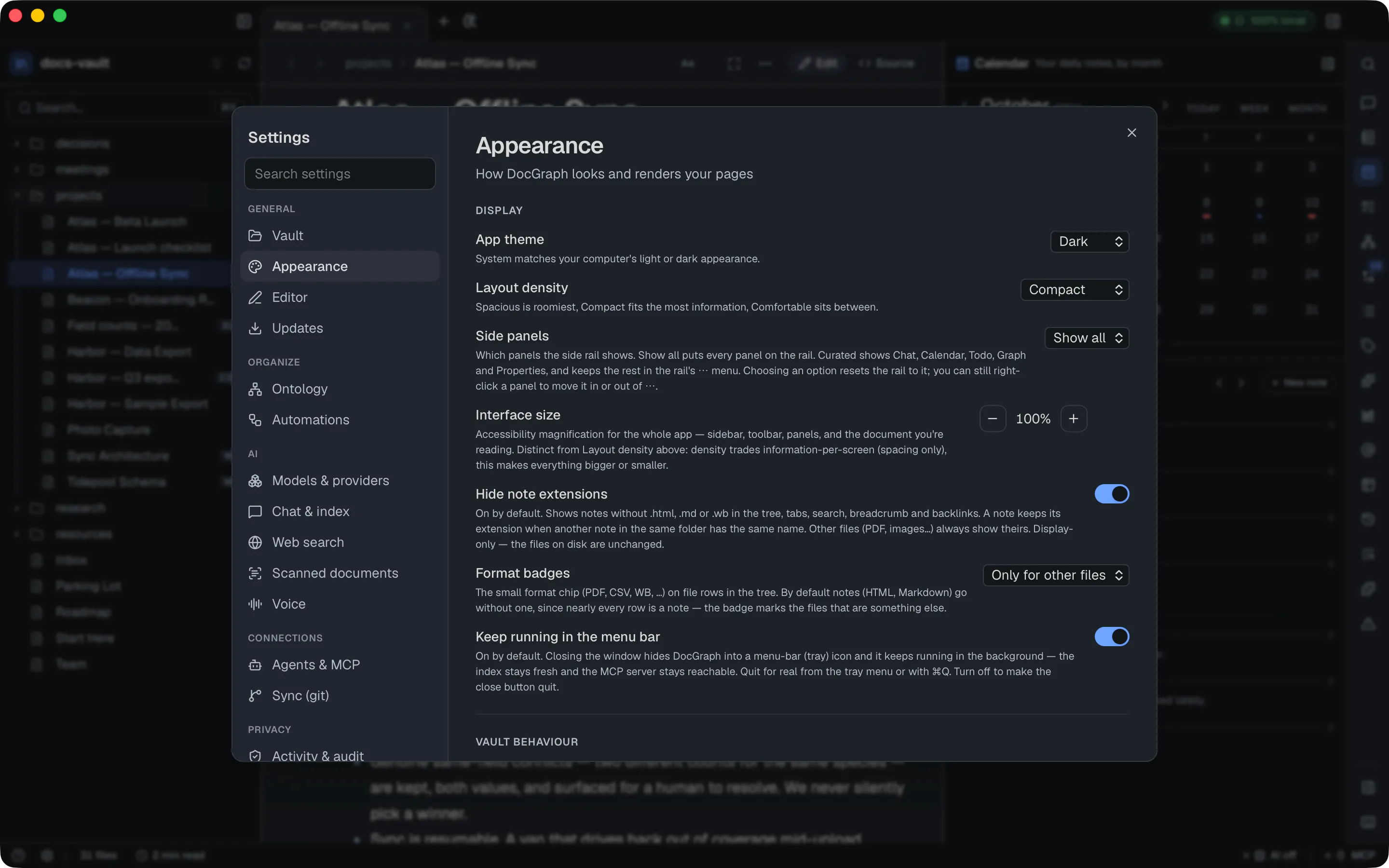 Settings → General → Appearance: App theme, Layout density, Side panels, Interface size, Hide note extensions, Format badges and Keep running in the menu bar.