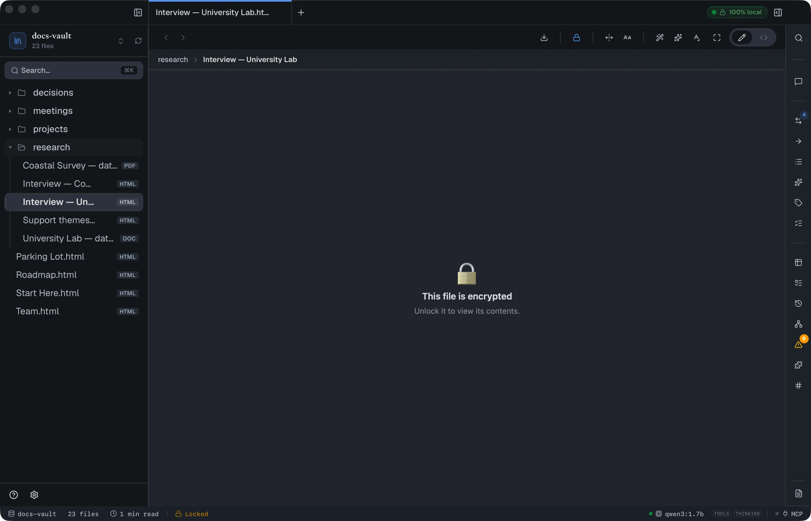 The viewer showing a padlock, "This file is encrypted" and "Unlock it to view its contents", with the status bar reading Locked.