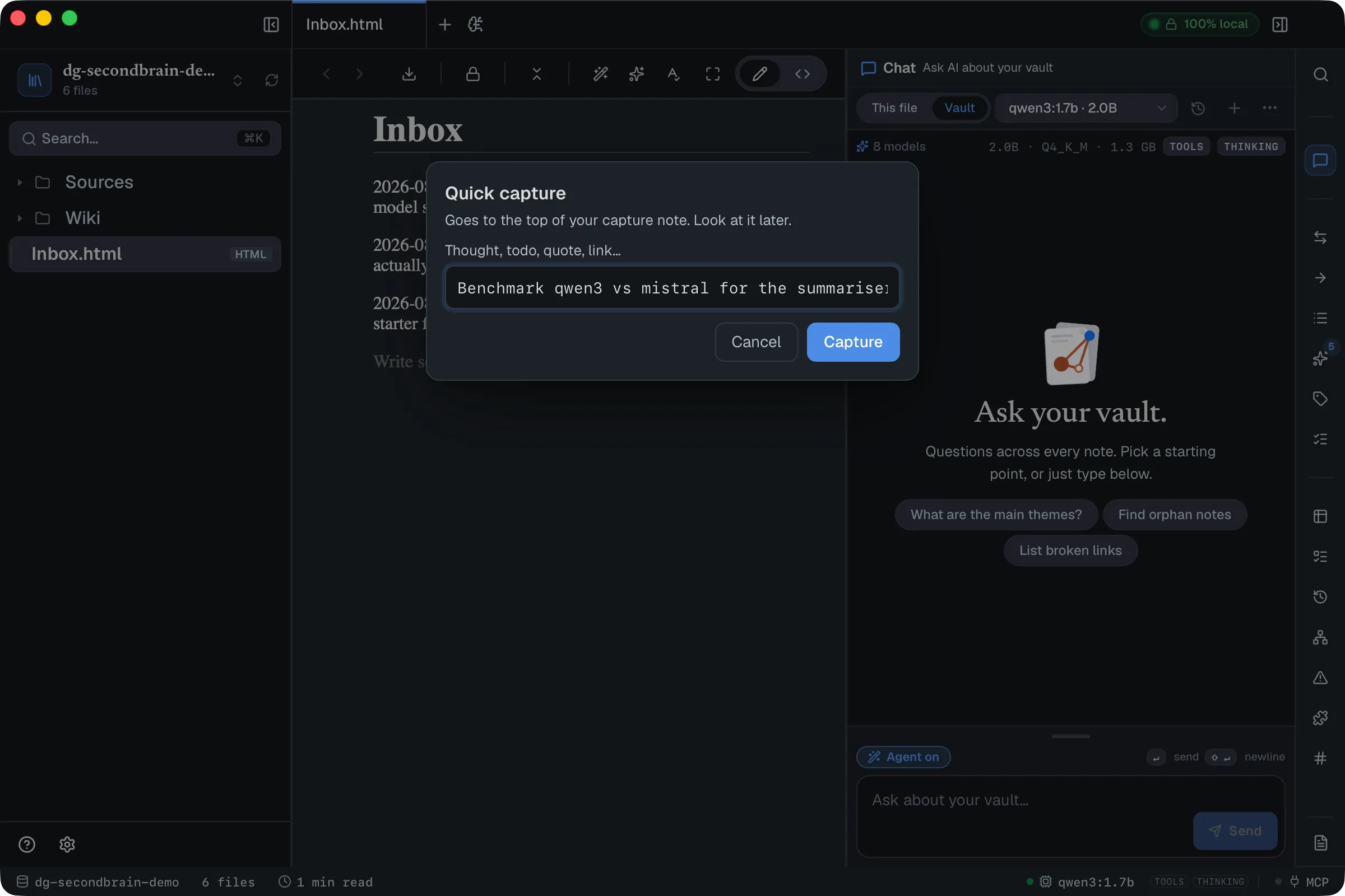 The quick capture dialog open over a note, with a one-line input and Cancel and Capture buttons.