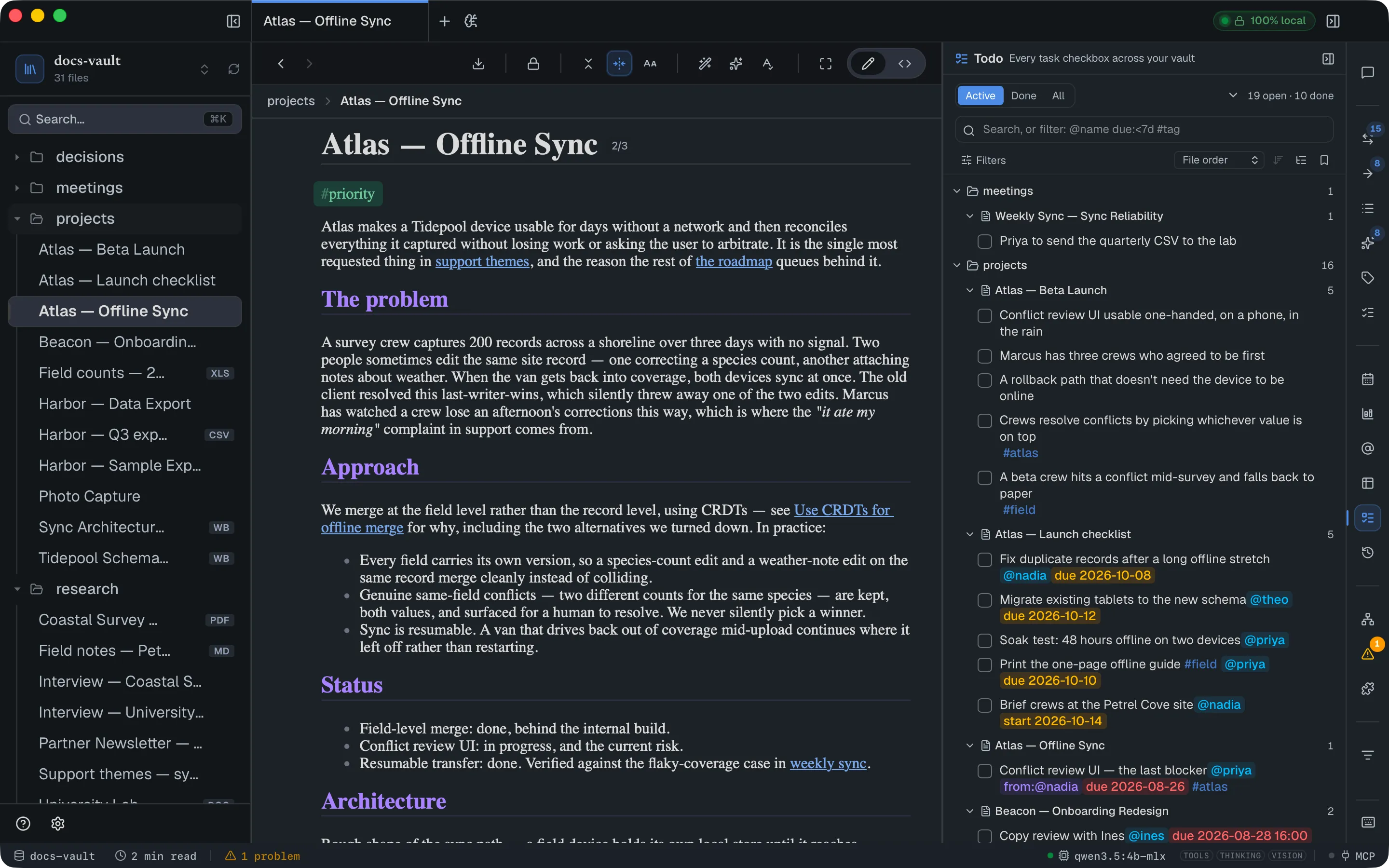 The Todo panel: a folder-and-file tree of task checkboxes with an active/done/all filter, a search box, filter chips and a summary count.