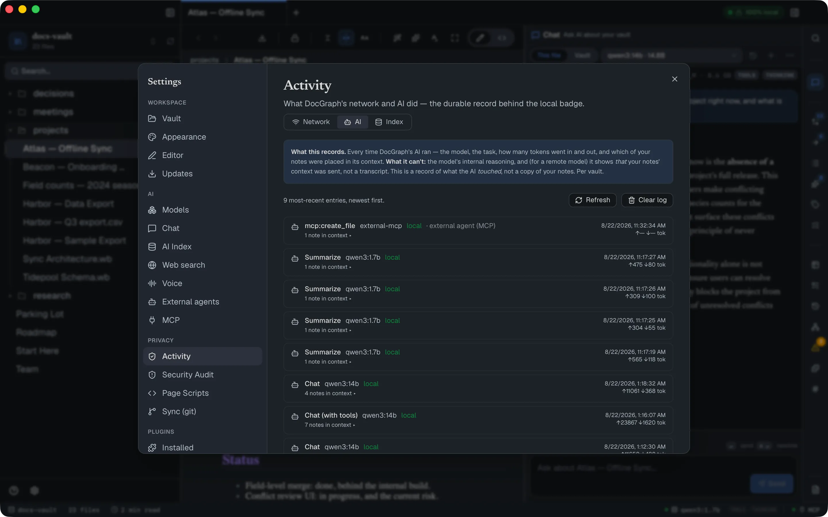 The Activity log's AI tab, with the most recent row reading "mcp · external-mcp · local · external agent (MCP)".