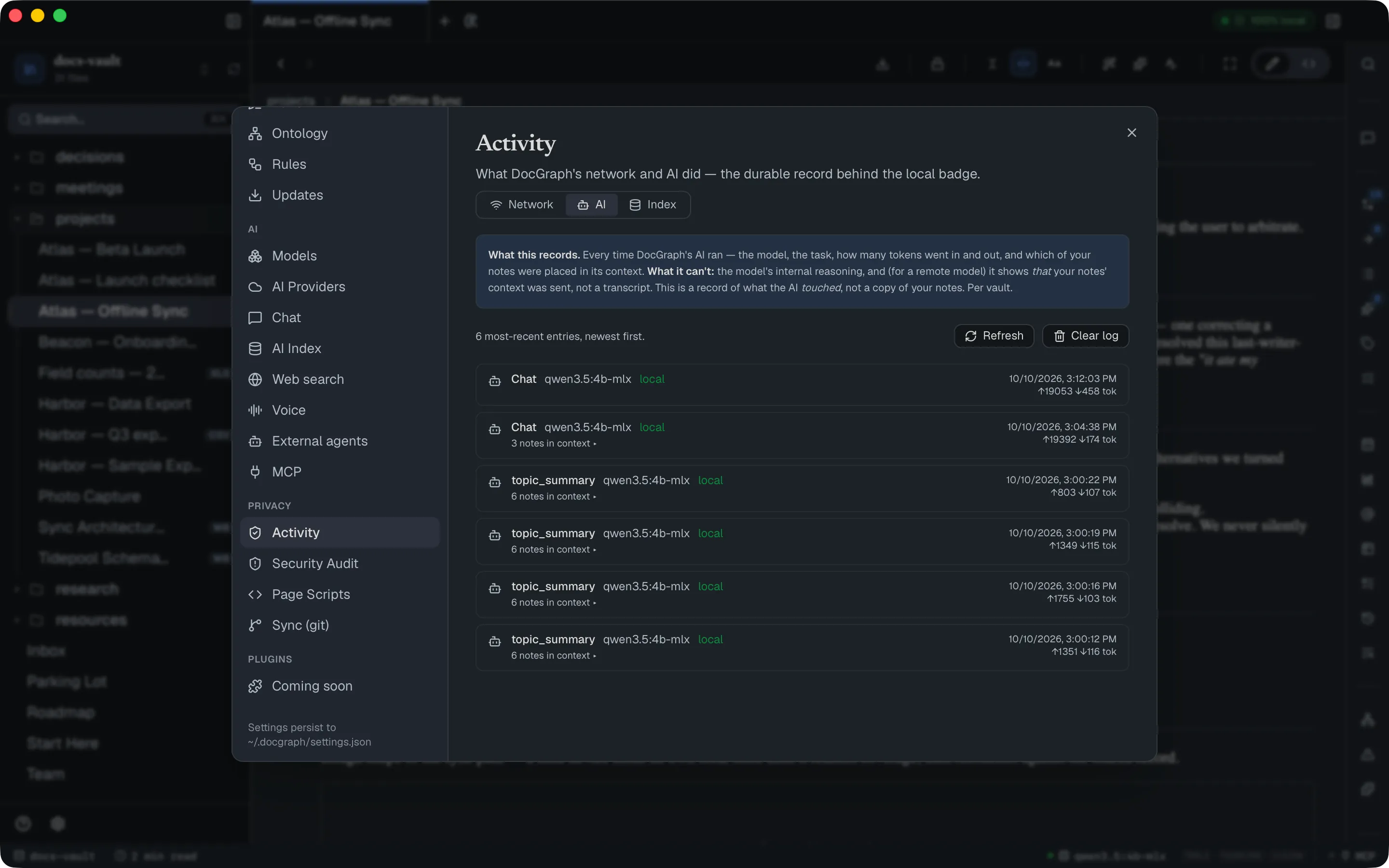 The Activity pane on the AI tab: recent AI runs, each with the task, the model, "local", the number of notes in context and token counts.