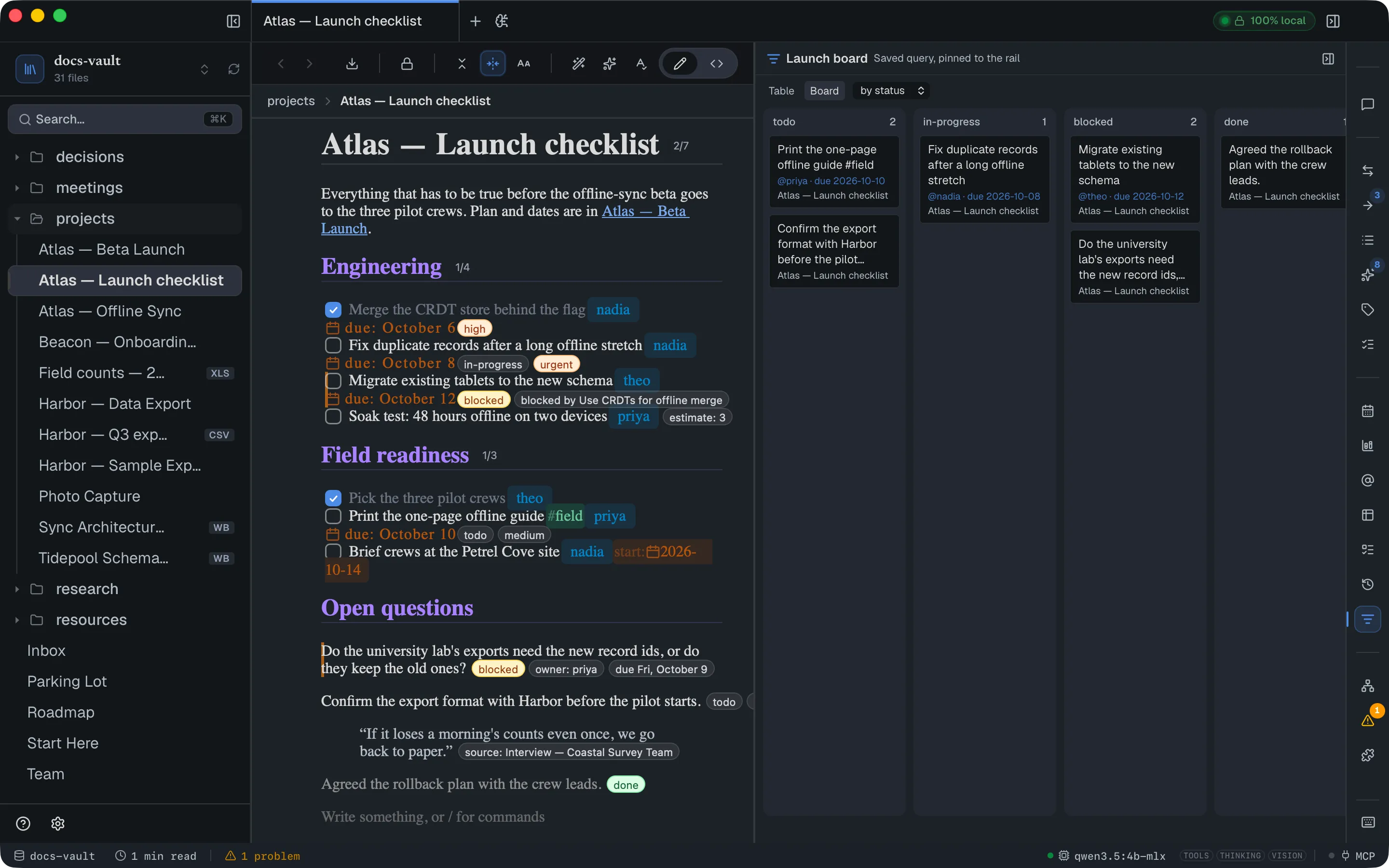 The Launch board query shown as a board by status: todo, in-progress, blocked, done and cancelled columns holding cards for todos and lines, each card showing its text, its people and due date, and its note.