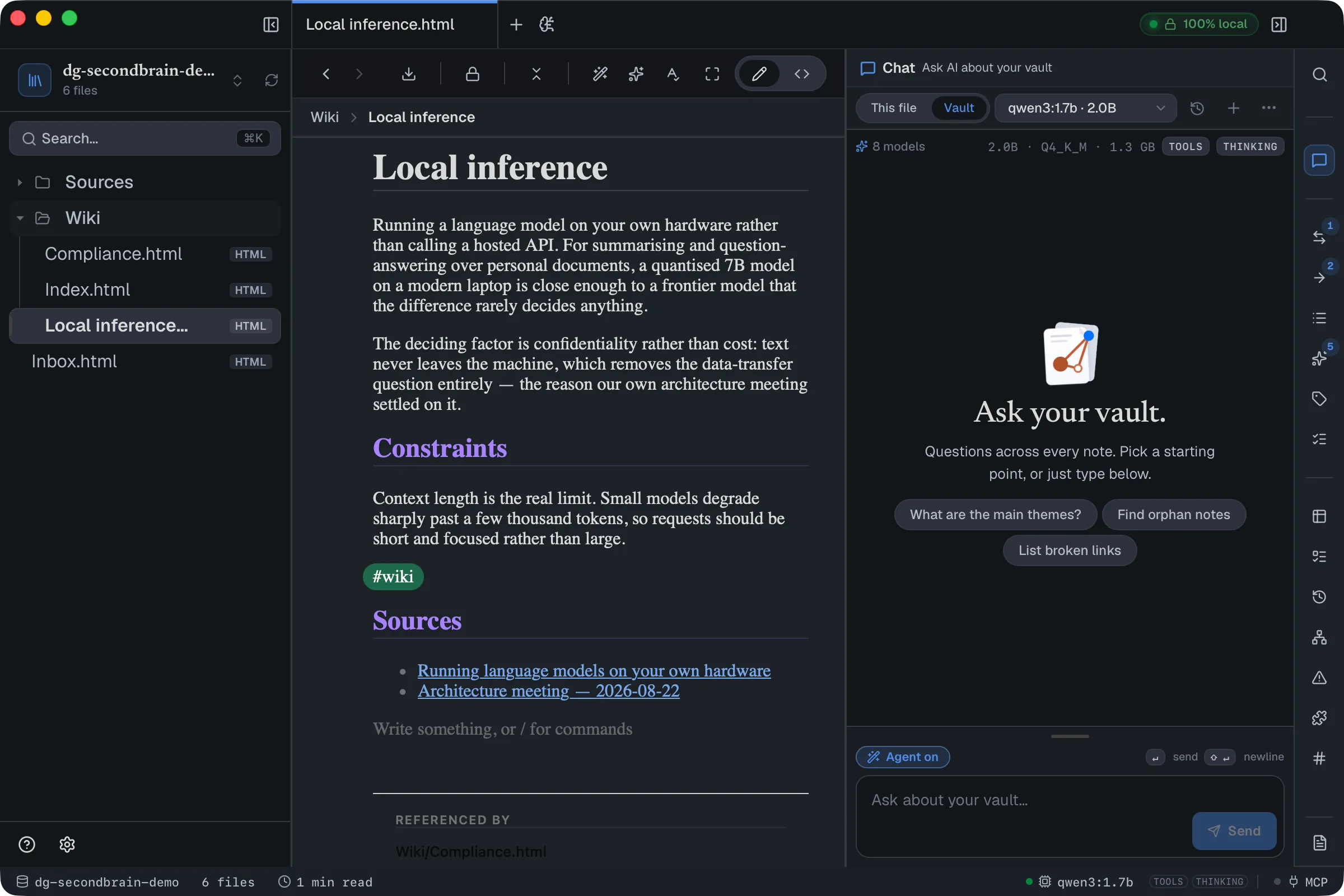 A compiled wiki page with prose, a hashtag chip, a Sources section linking two source files, and a Referenced by footer.