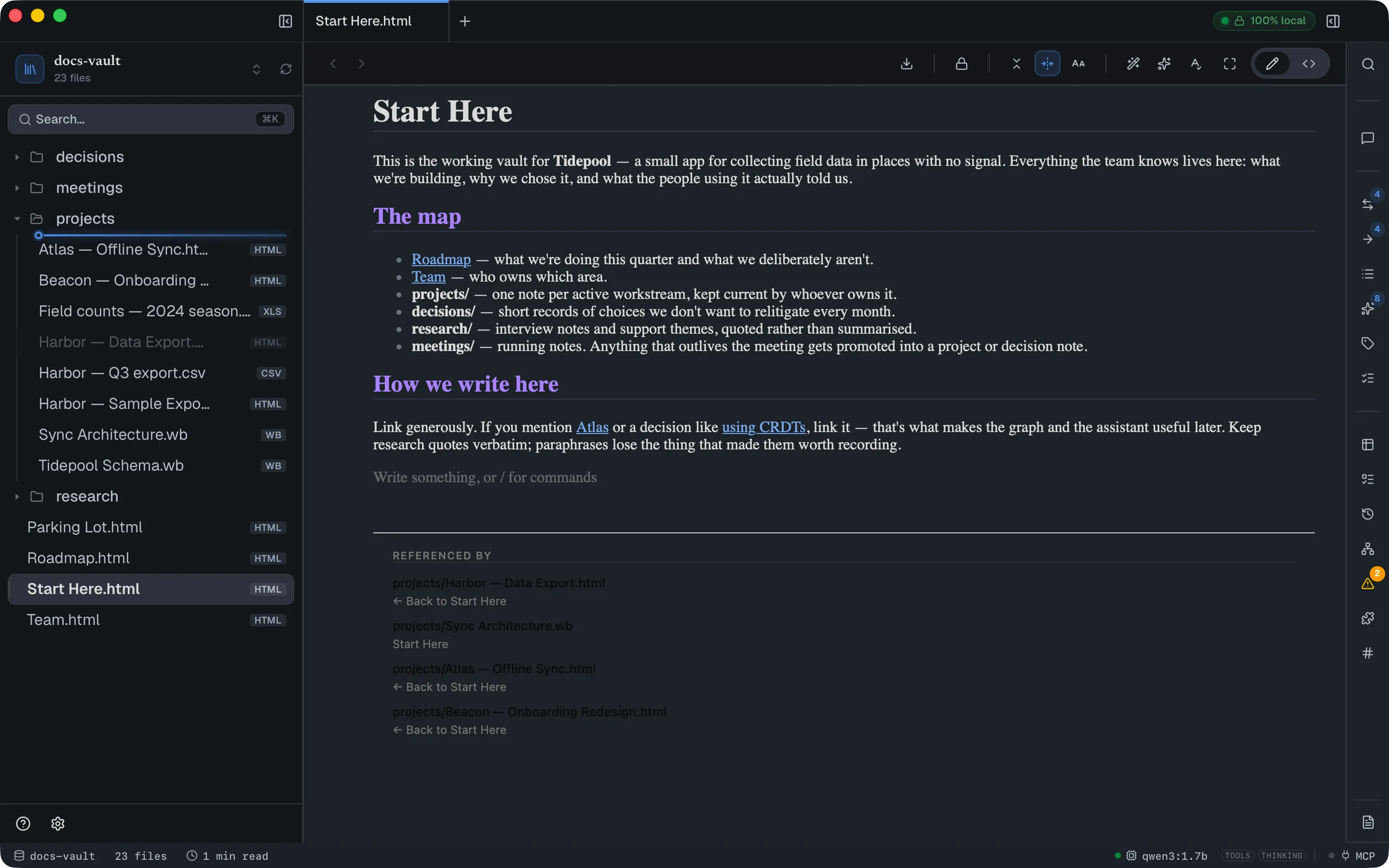 Dragging "Harbor — Data Export.html" upward inside the projects folder: the dragged row is dimmed in place and an insertion line with a ring cap sits above "Atlas — Offline Sync.html", marking where it will land.