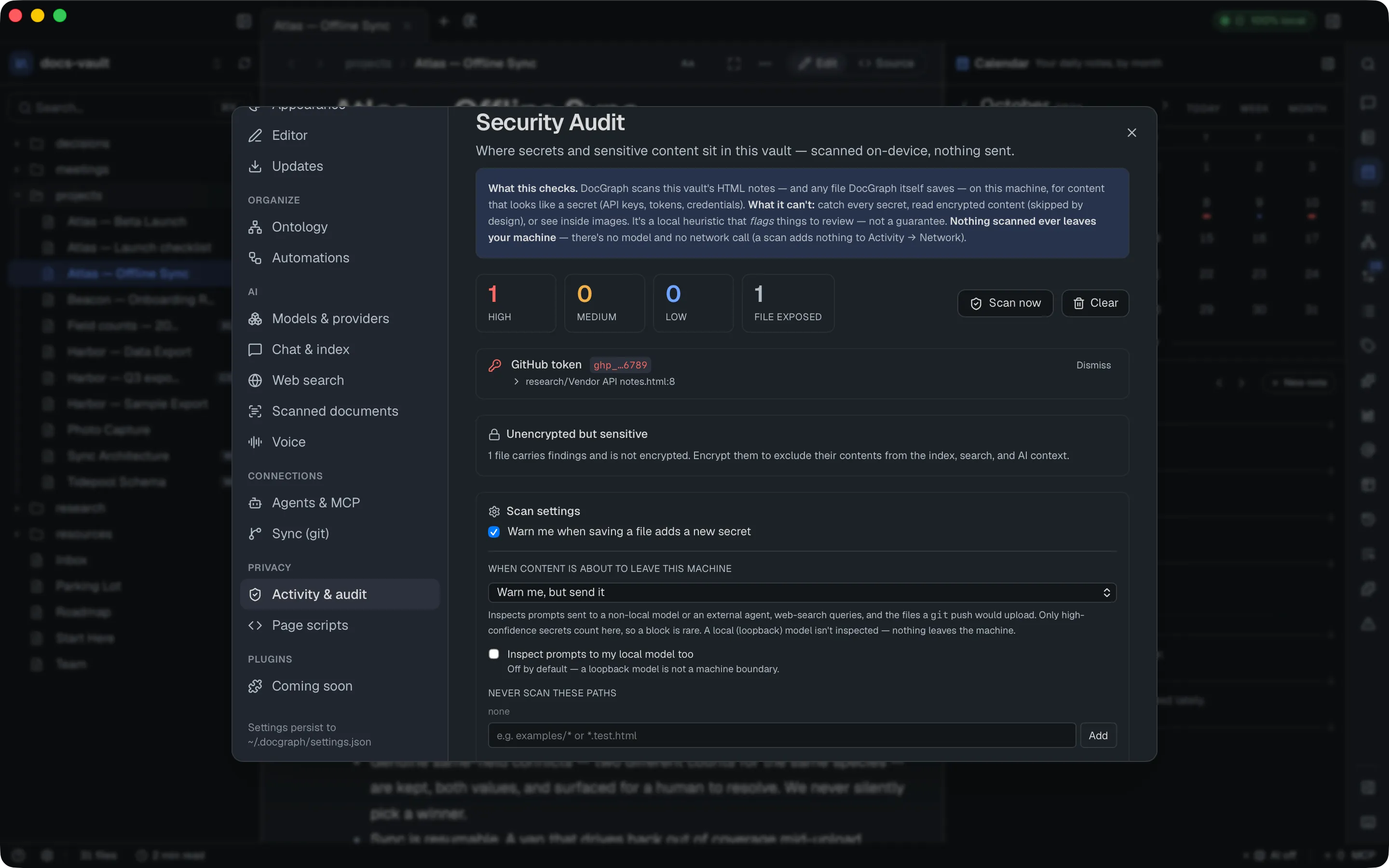 The Security Audit pane: one high-severity finding — a GitHub token, shown masked as ghp_…6789, in research/Vendor API notes.html line 8 — above an "Unencrypted but sensitive" note and the scan settings, where "When content is about to leave this machine" is set to "Warn me, but send it".