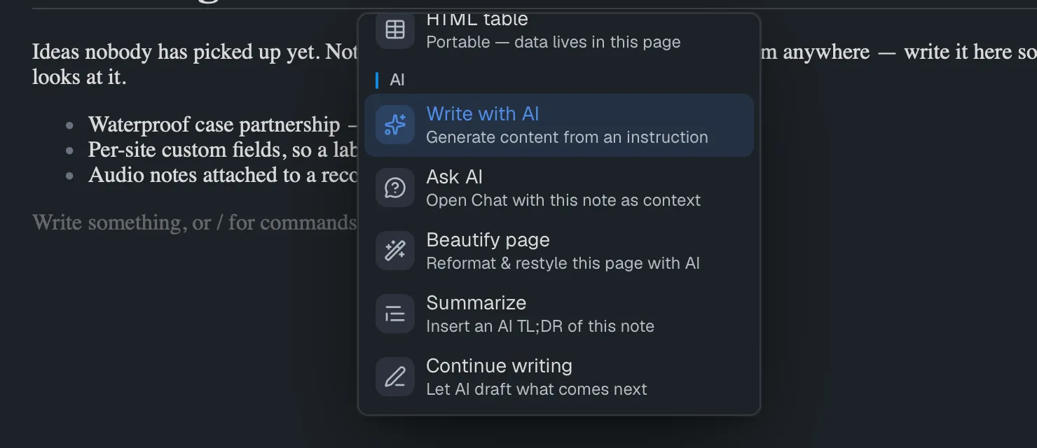 The slash menu filtered to its AI group: Write with AI, Ask AI, Beautify page, Summarize, and Continue writing, each with a one-line description.