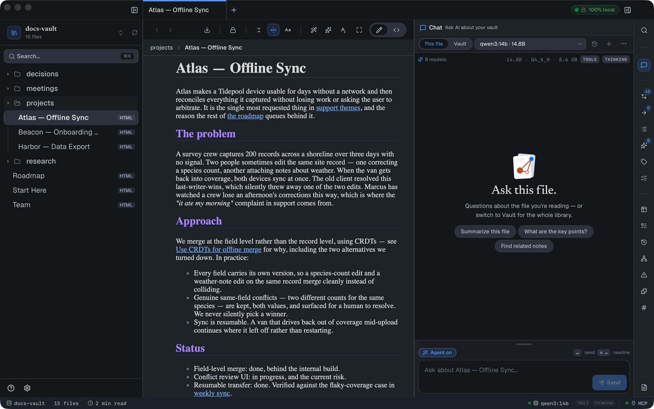 DocGraph with a project note open and chat in This file scope, offering starter prompts about the open document.