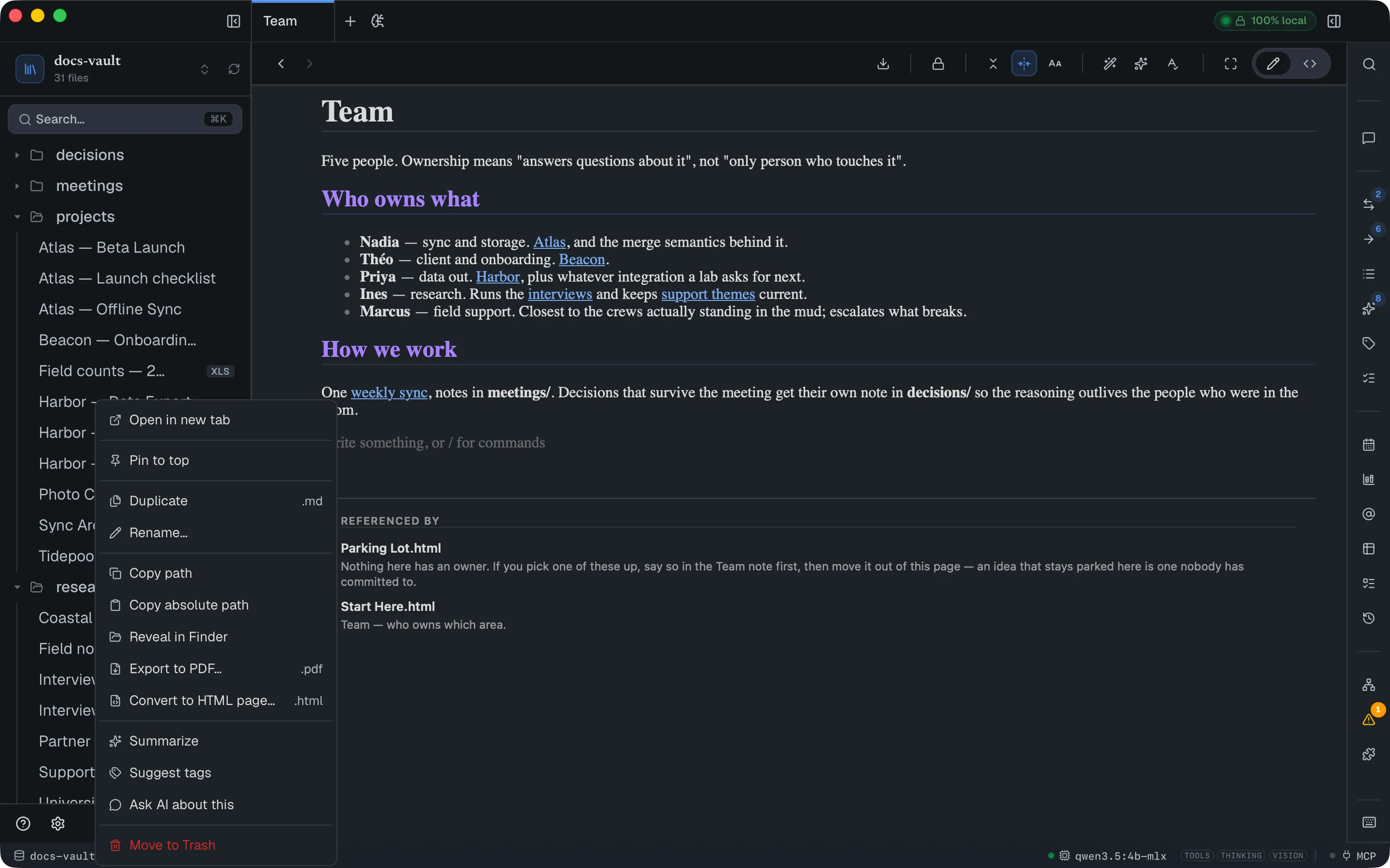 The file-tree right-click menu on a Markdown note, with Convert to HTML page… and its .html label between Export to PDF and the AI actions.