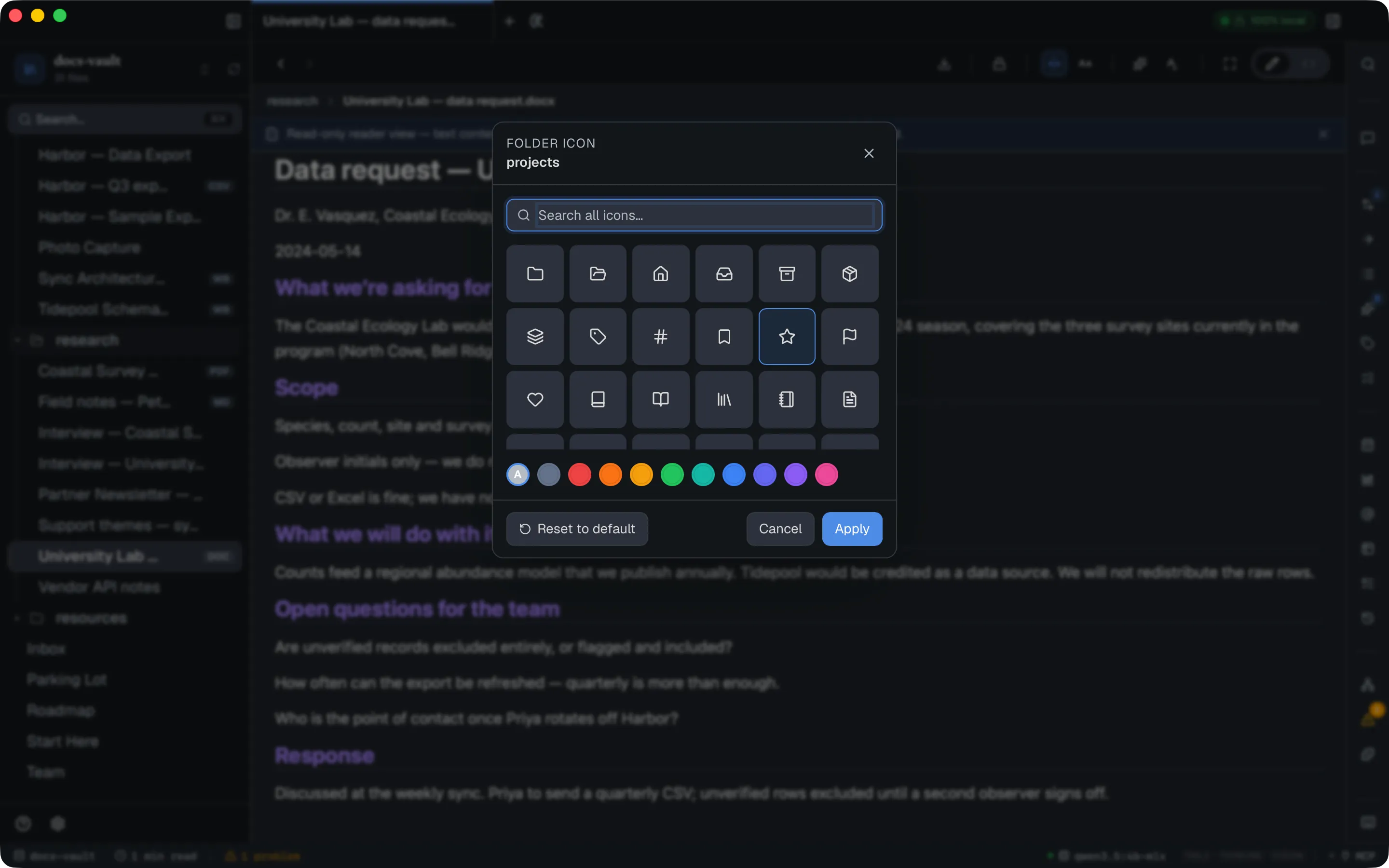 The folder icon picker for the projects folder: a search box, a grid of curated icons with the star selected, and a row of colour swatches below it, over Reset to default / Cancel / Apply buttons.