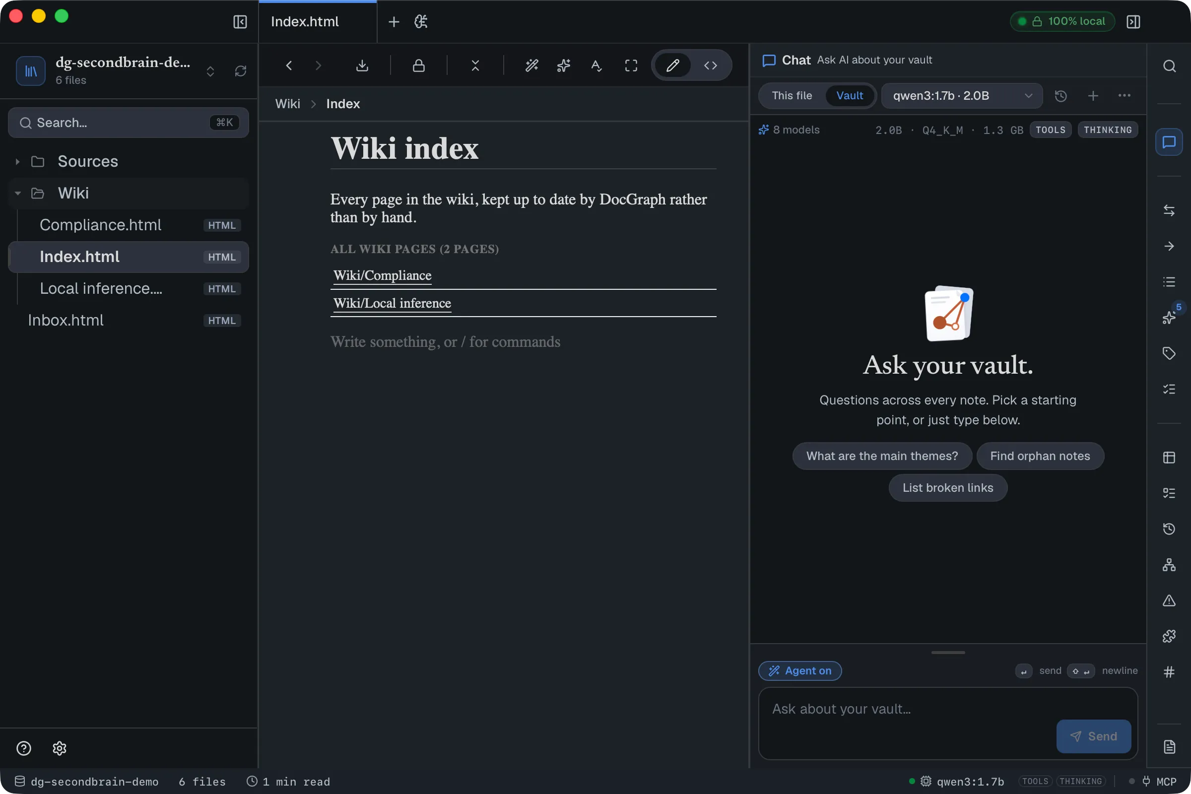 A Wiki index page whose body is a live query listing all wiki pages, showing two entries found by tag.