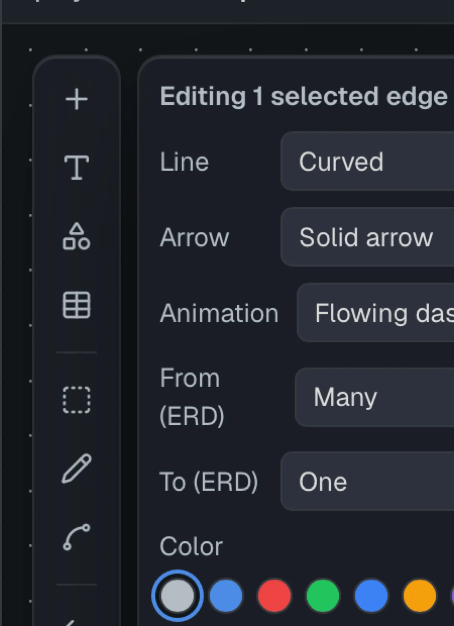 The edge-style panel with From (ERD) set to Many and To (ERD) set to One.