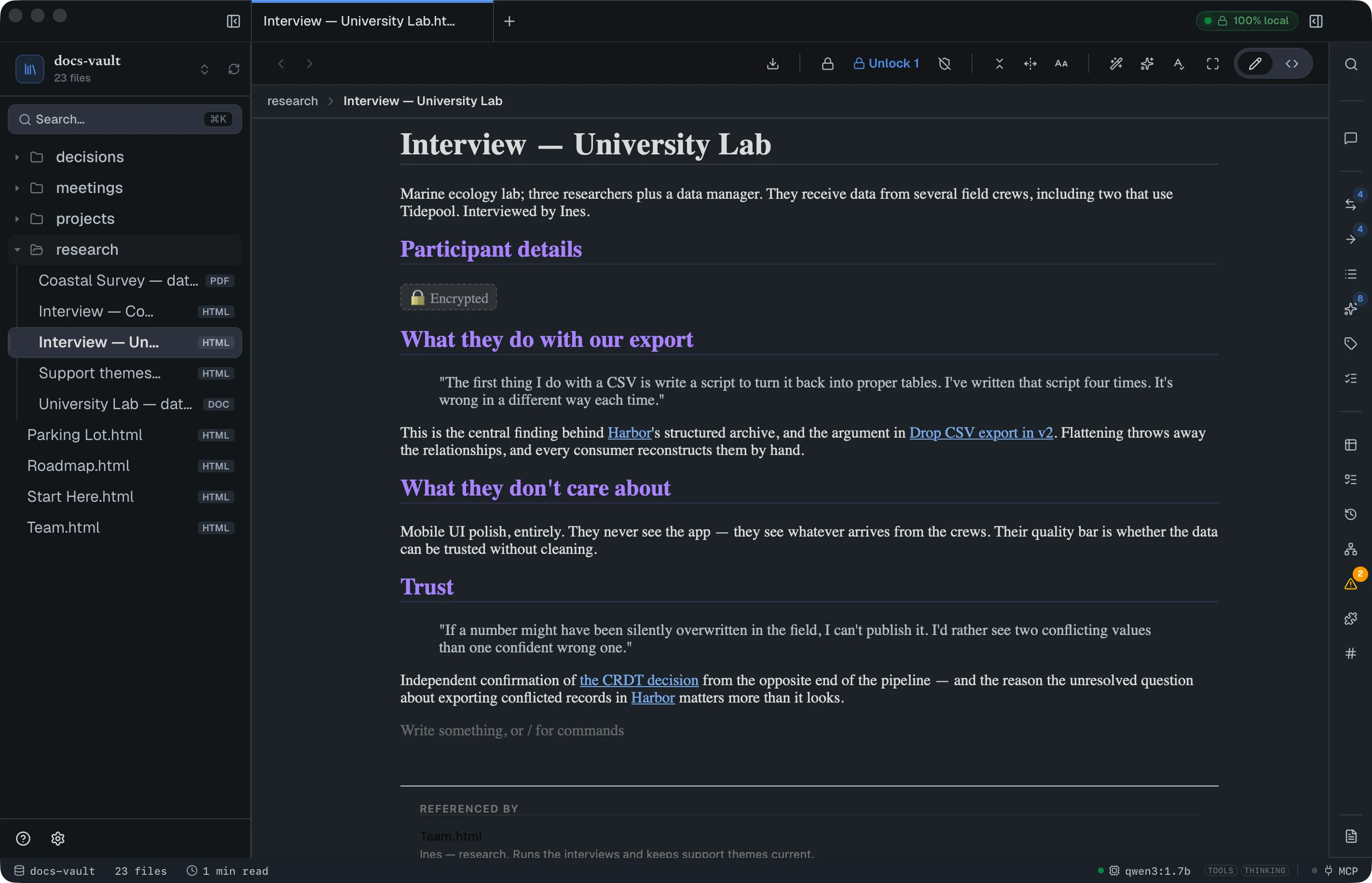 A research note open in DocGraph. Under the "Participant details" heading the paragraph has been replaced by a small padlock chip reading "Encrypted", while every other paragraph of the note is readable. The toolbar shows an "Unlock 1" button.