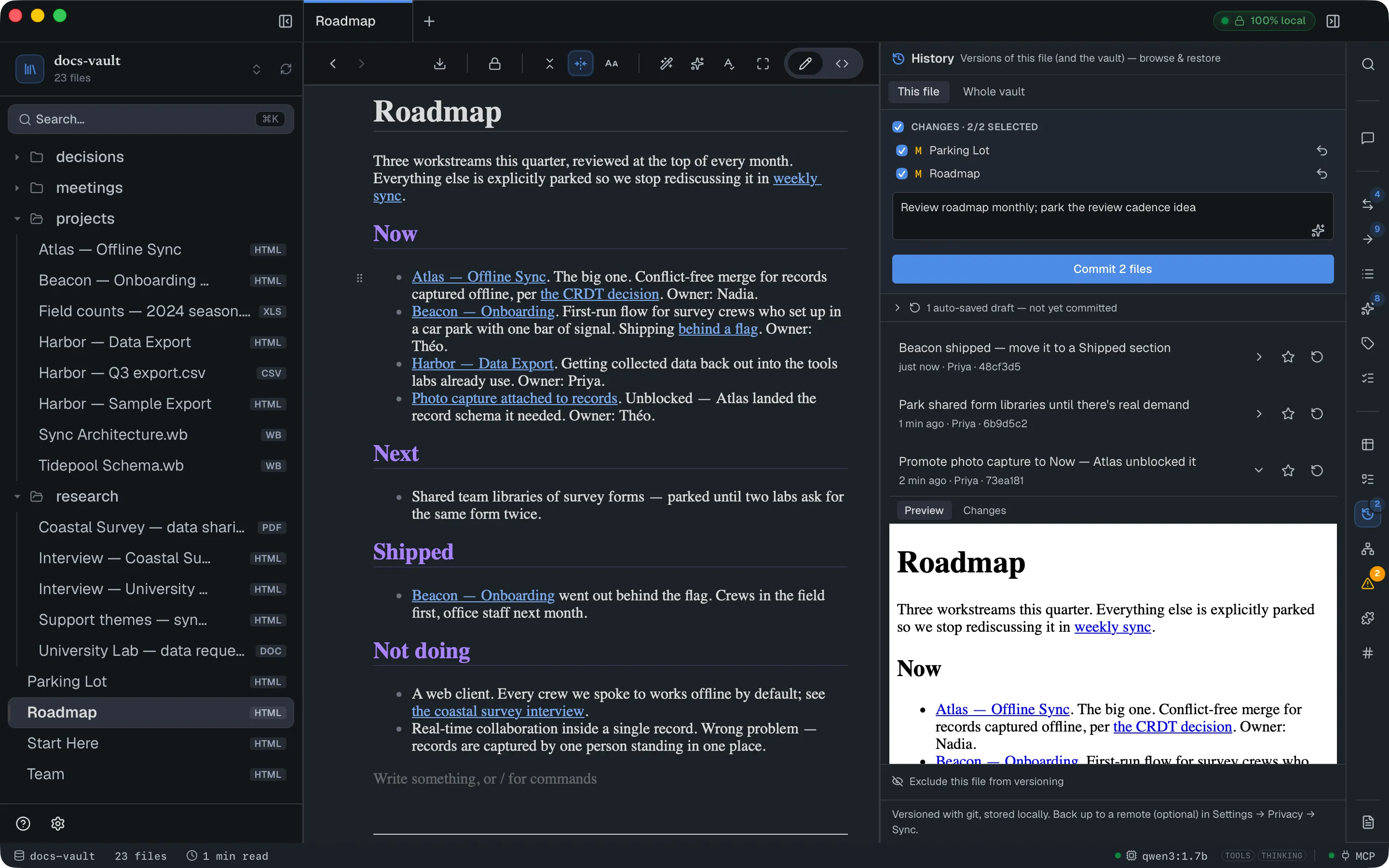 An expanded version row showing the Preview tab: the older version of the note rendered in a small pane beside the live document.