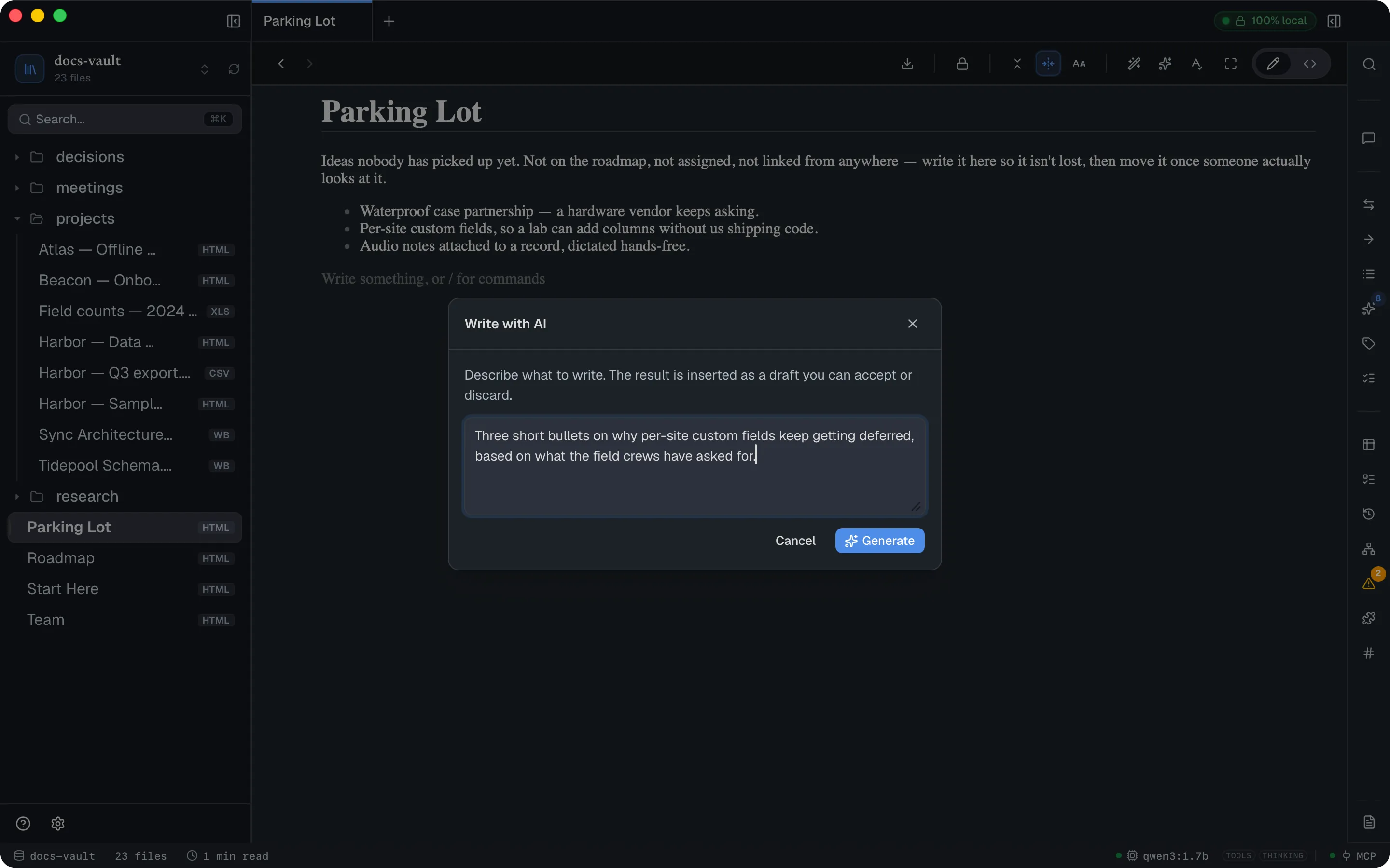 The "Write with AI" modal with an instruction typed into it and a Generate button.