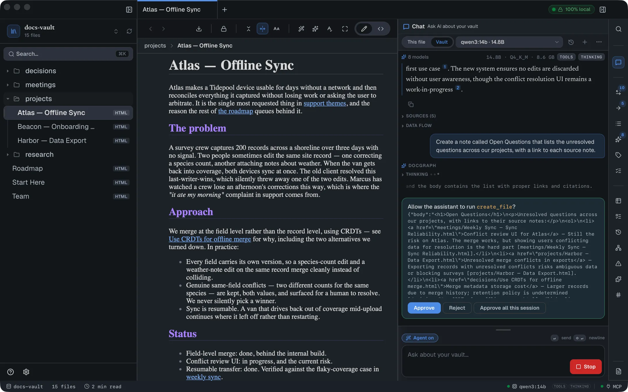 An inline confirmation card asking to run create_file, showing the full HTML it intends to write, with Approve, Reject, and Approve all this session buttons.