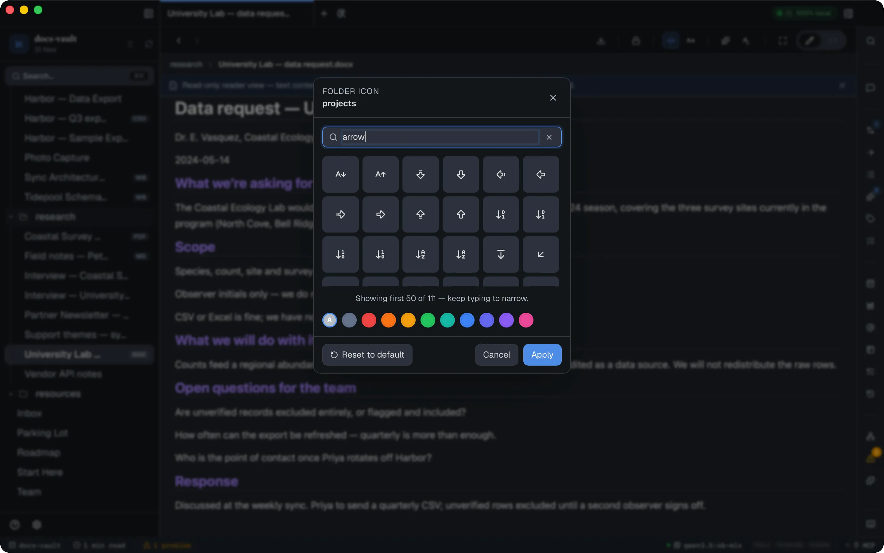 The same picker with "arrow" typed in the search box, showing a grid of arrow icons from the full Lucide library and the line "Showing first 50 of 111 — keep typing to narrow."