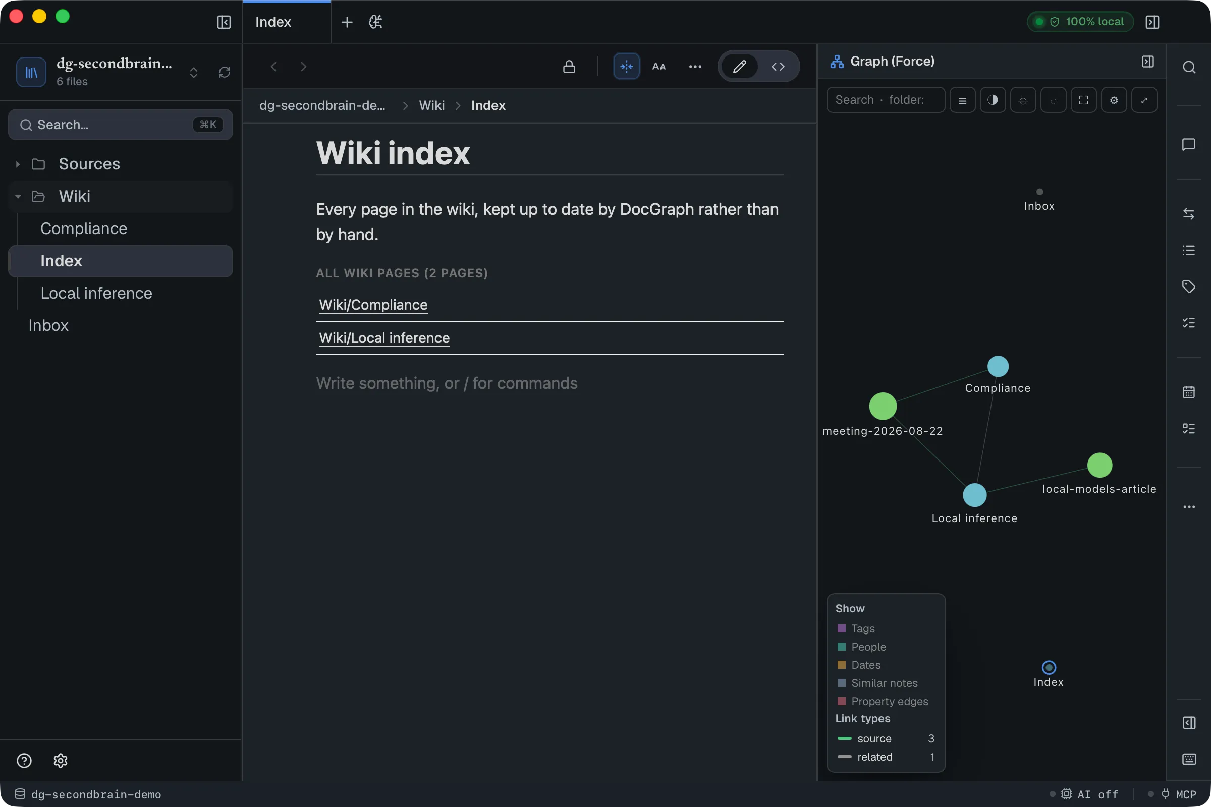 The graph view showing source files linked to two wiki pages, with a link-types legend counting three source links and one related link.