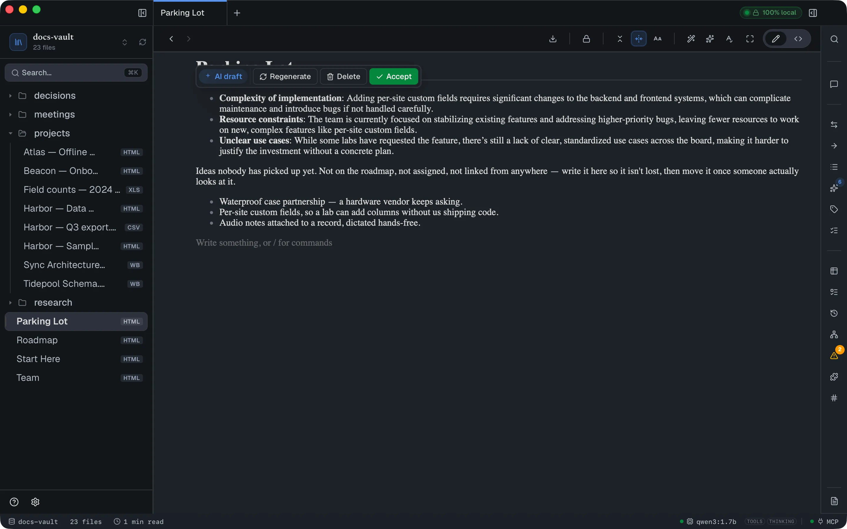 Generated bullets inserted into the note, with a floating toolbar above them labelled "AI draft" offering Regenerate, Delete and Accept.