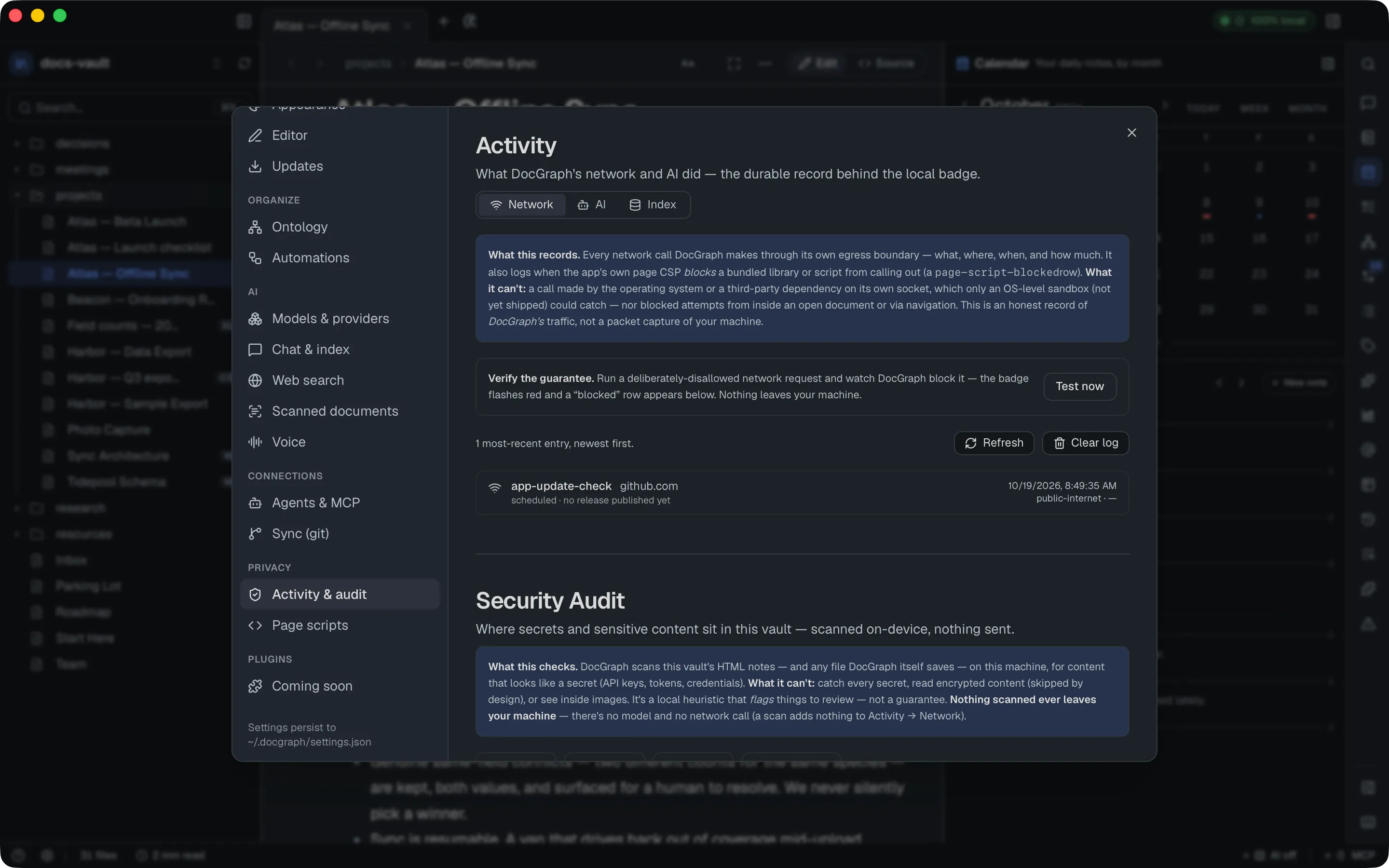Settings → Privacy → Activity & audit, Network tab: what the log records and can't catch, "Verify the guarantee" with Test now, and one logged call — the scheduled update check to github.com.