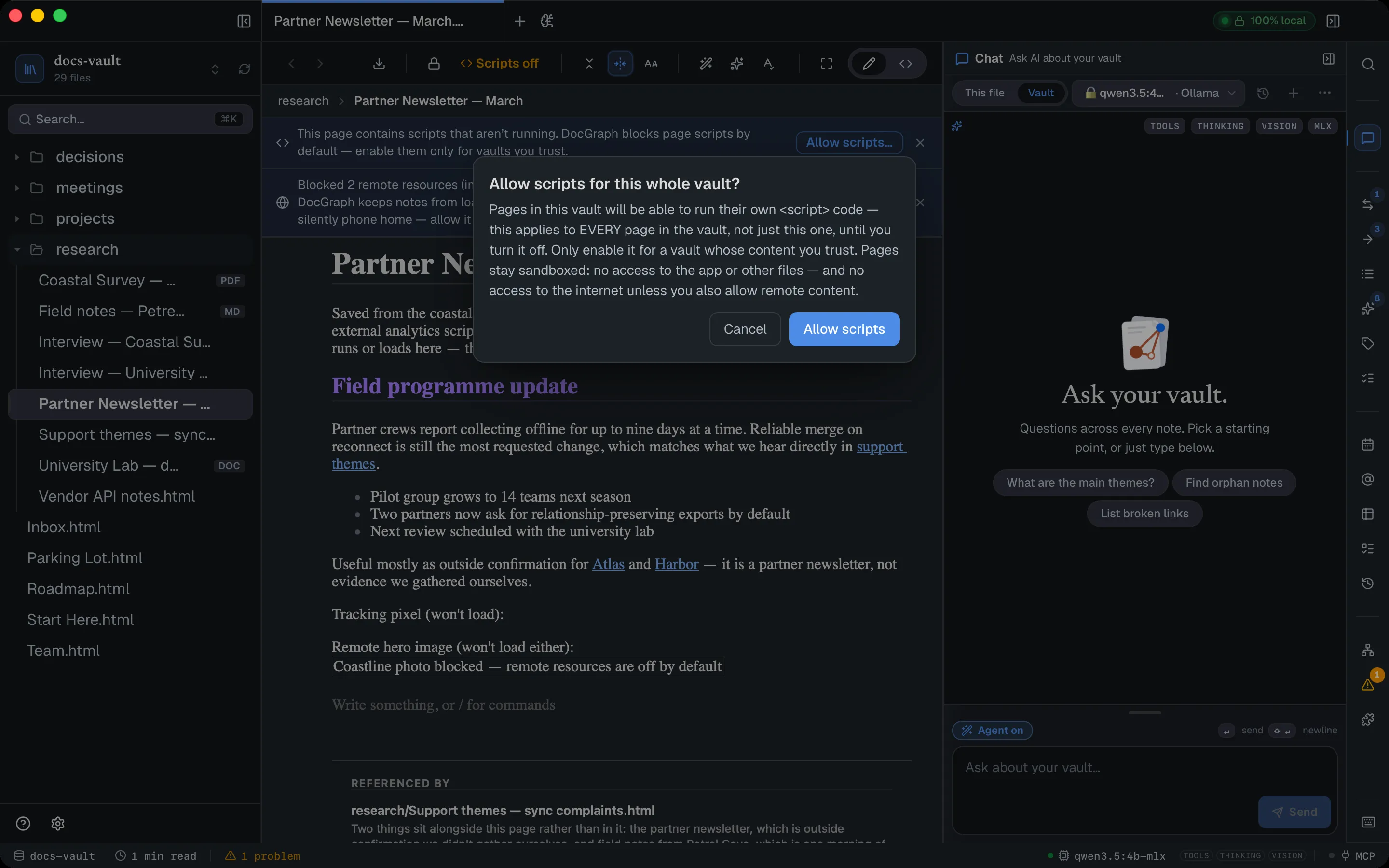 A confirmation: "Allow scripts for this whole vault? Pages in this vault will be able to run their own script code — this applies to EVERY page in the vault, not just this one, until you turn it off. Only enable it for a vault whose content you trust. Pages stay sandboxed: no access to the app or other files — and no access to the internet unless you also allow remote content." Buttons: Cancel, Allow scripts.