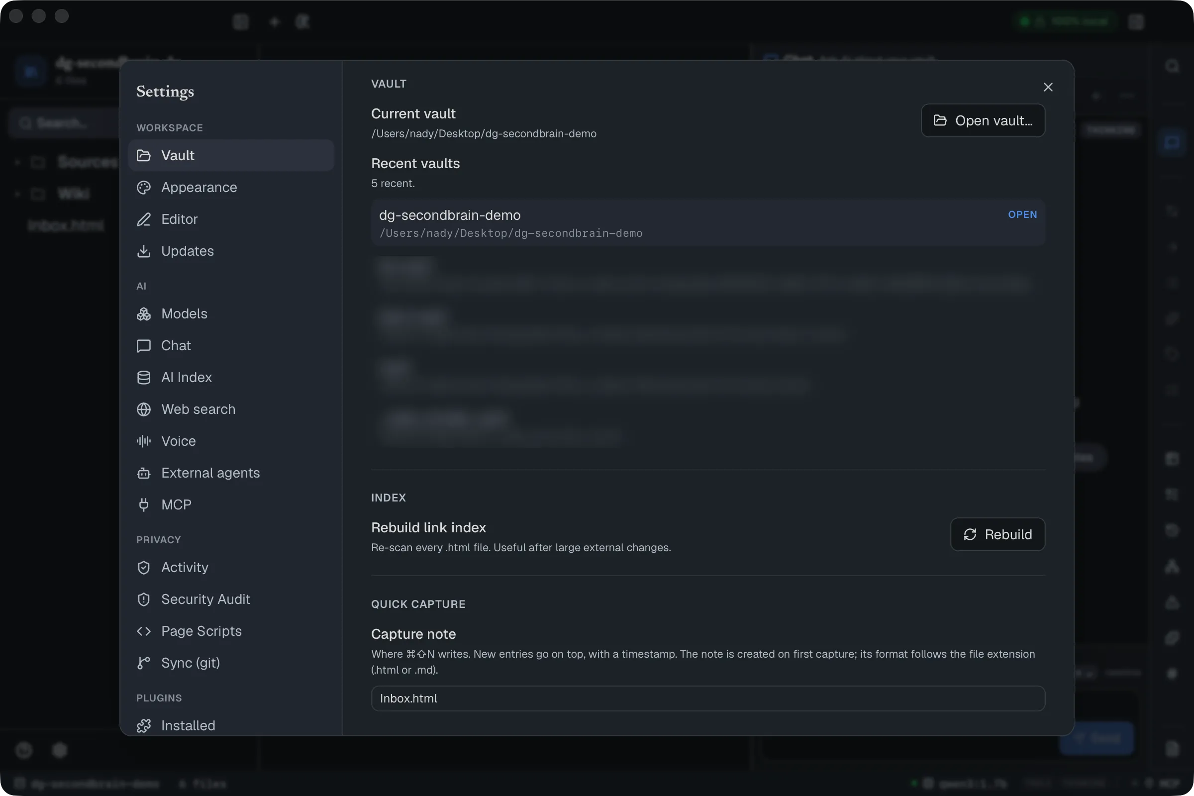 The Vault section of DocGraph settings, showing a Quick capture group with a Capture note path field set to Inbox.html.