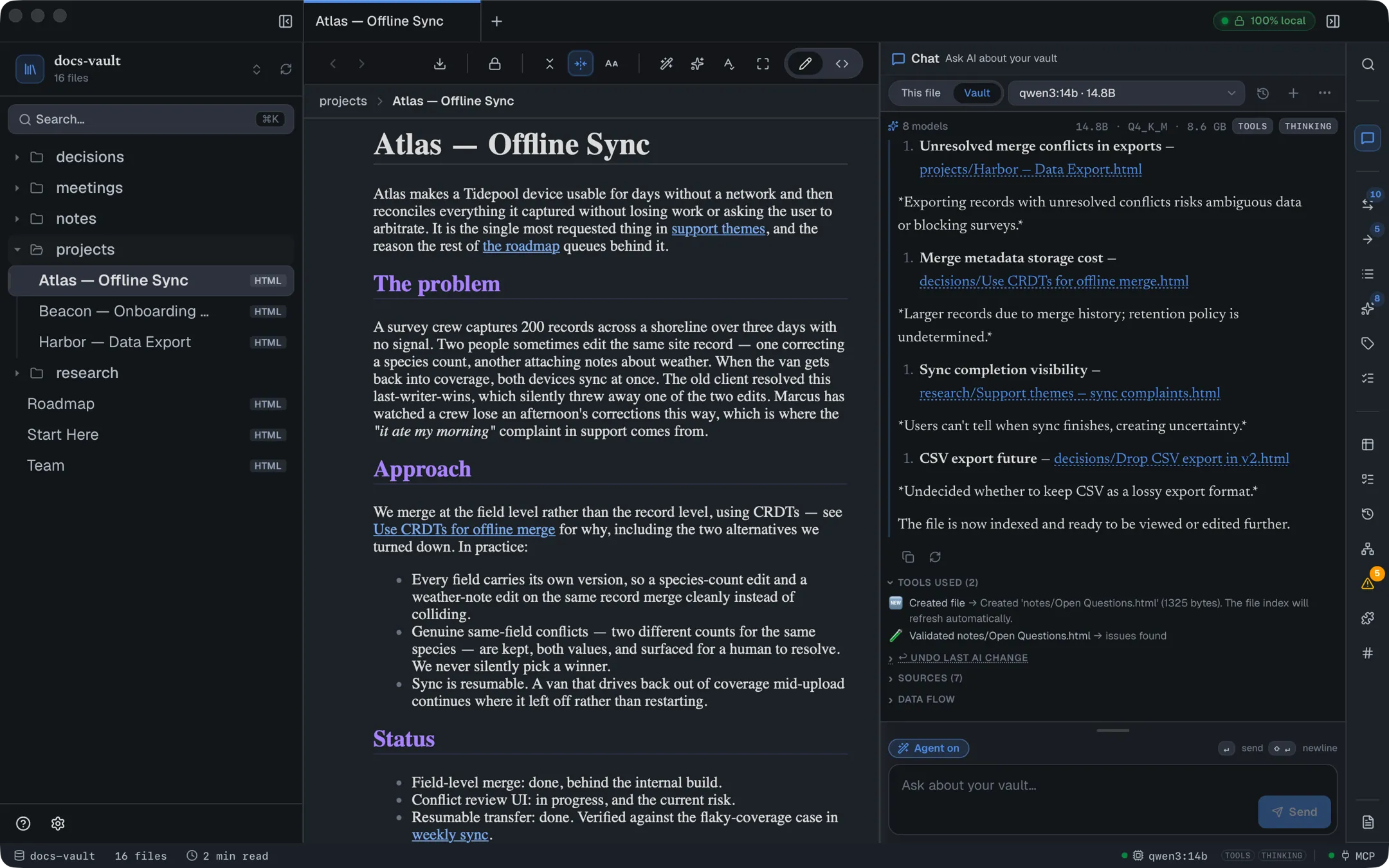 The Tools used trace listing a created file and its automatic validation, with an Undo last AI change link below.