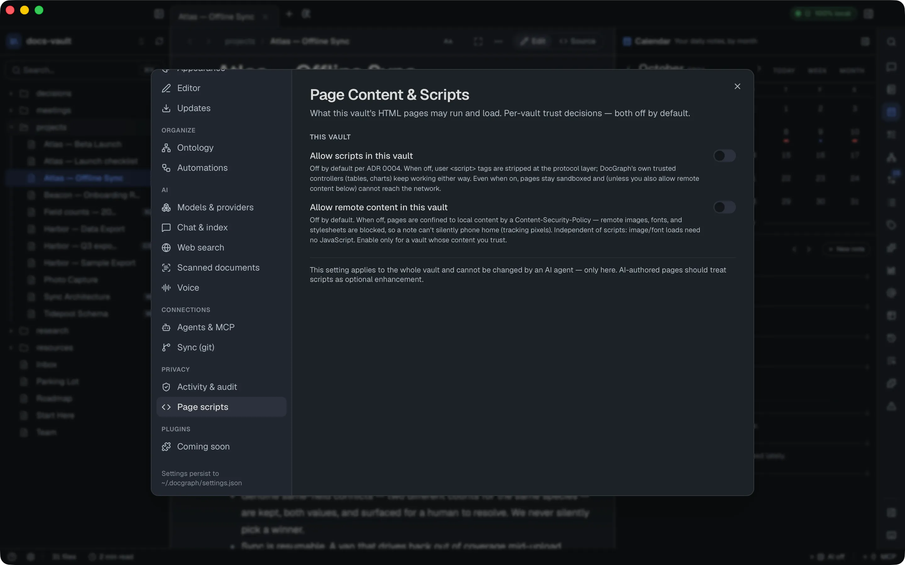 The "Page Content & Scripts" pane with two switches for this vault, both off: "Allow scripts in this vault" and "Allow remote content in this vault".