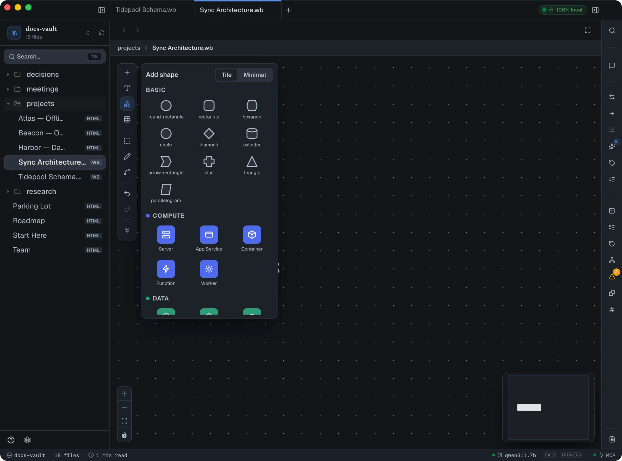 The shape picker: basic shapes on top, categorized infrastructure icons below, with a Tile/Minimal style toggle.