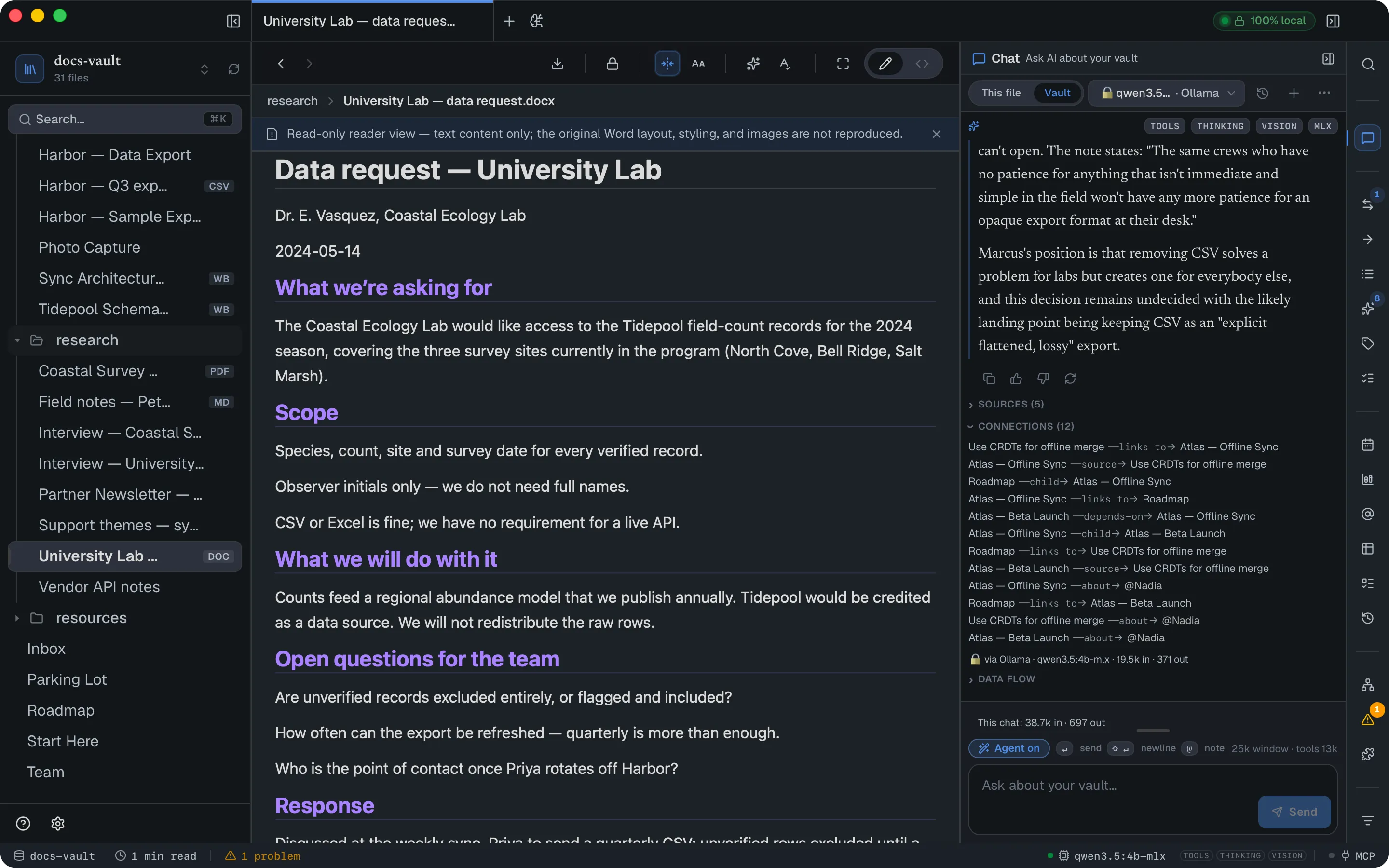 An answer in Vault scope with Connections (12) expanded: links between the notes it used, such as Atlas — Beta Launch —depends-on→ Atlas — Offline Sync and Roadmap —child→ Atlas — Offline Sync.