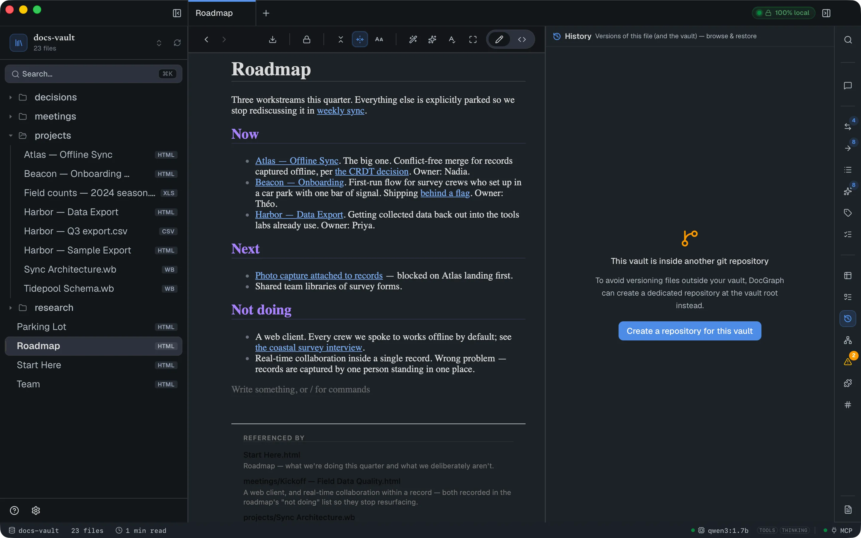 The History panel showing "This vault is inside another git repository", offering to create a dedicated repository at the vault root.