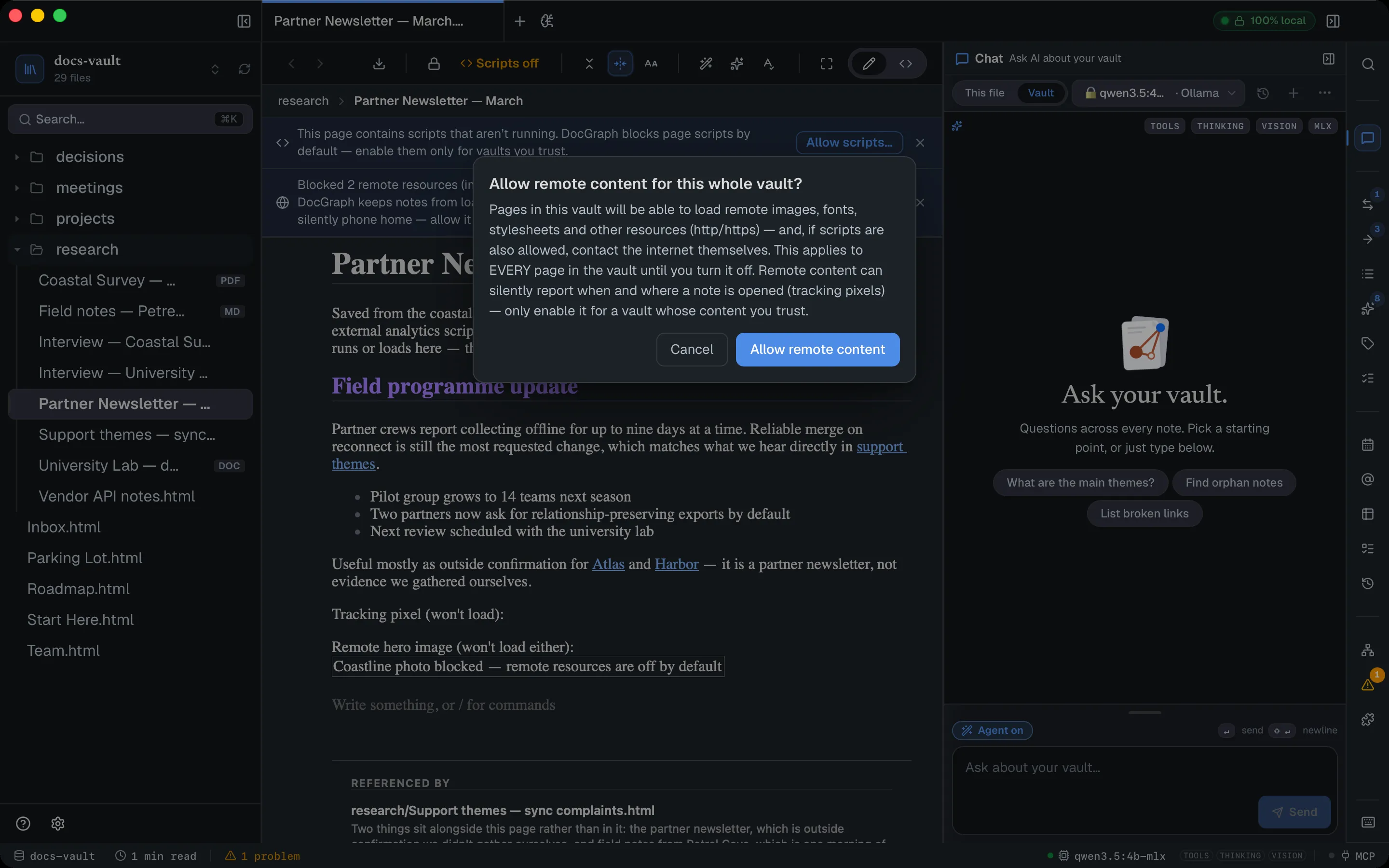 A confirmation: "Allow remote content for this whole vault? Pages in this vault will be able to load remote images, fonts, stylesheets and other resources (http/https) — and, if scripts are also allowed, contact the internet themselves. … Remote content can silently report when and where a note is opened (tracking pixels) — only enable it for a vault whose content you trust." Buttons: Cancel, Allow remote content.