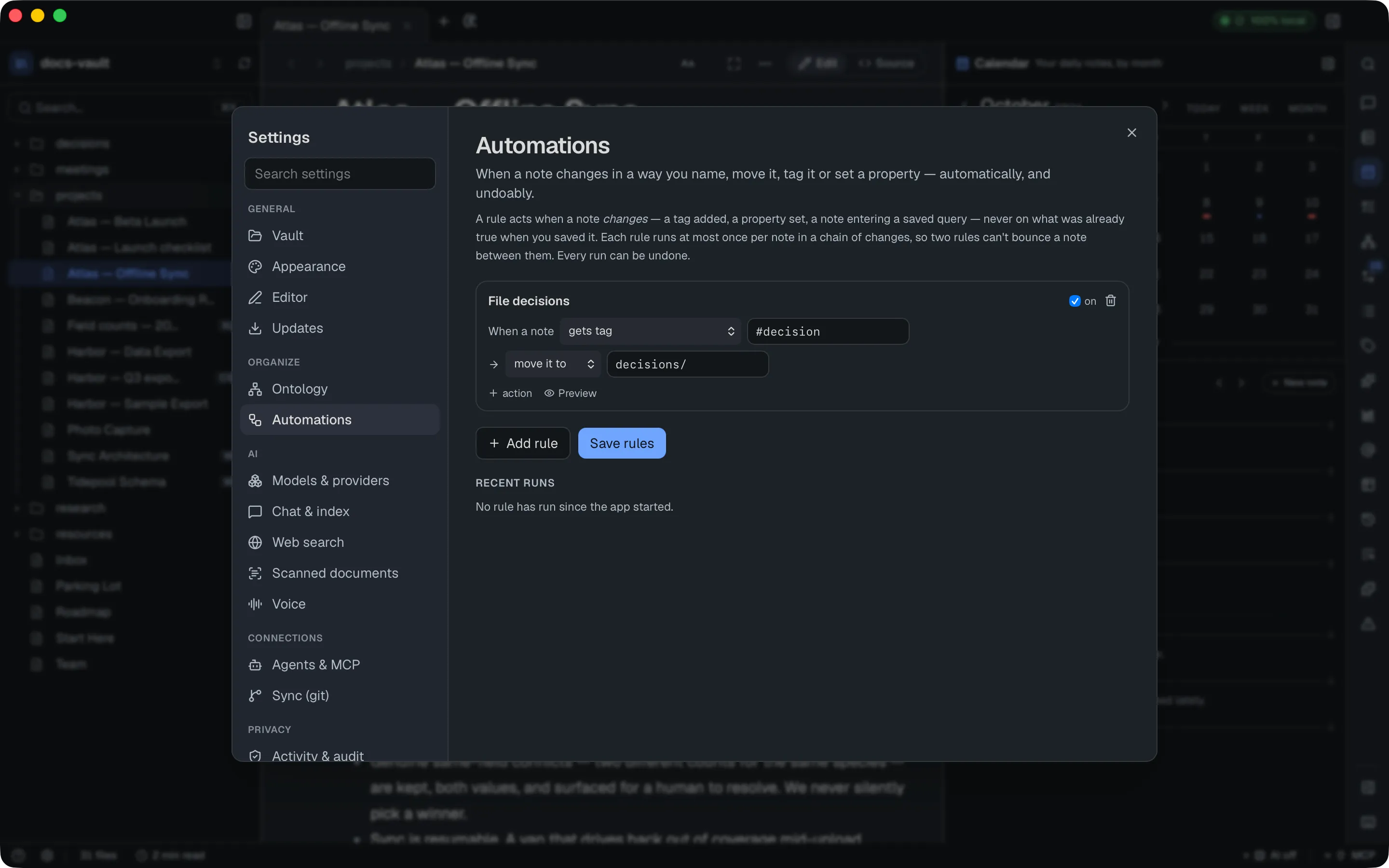 Settings → Organize → Automations with one rule, File decisions: when a note gets tag #decision, move it to decisions/ — with Preview, Add rule, Save rules and the Recent runs list.