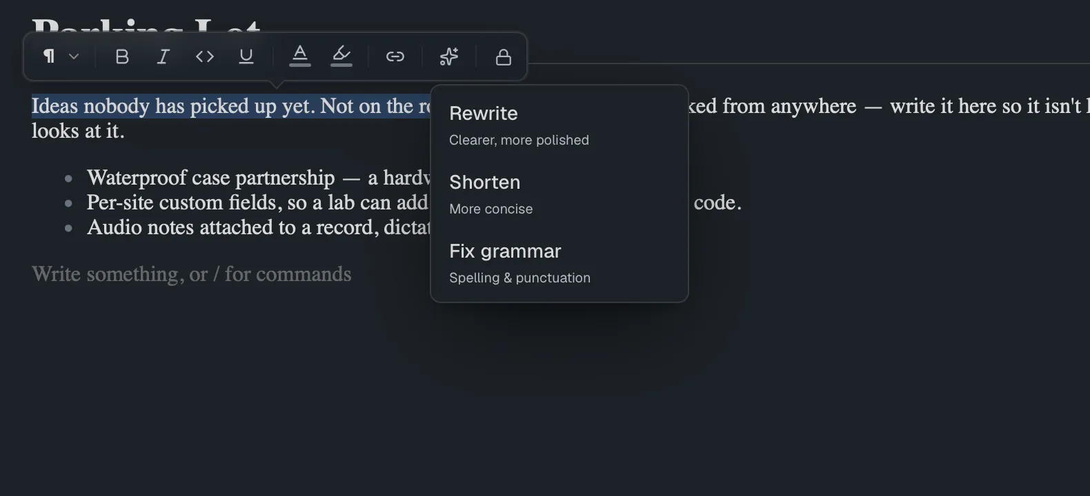 Text selected in a note, with the selection toolbar above it and its AI menu open showing Rewrite, Shorten and Fix grammar.