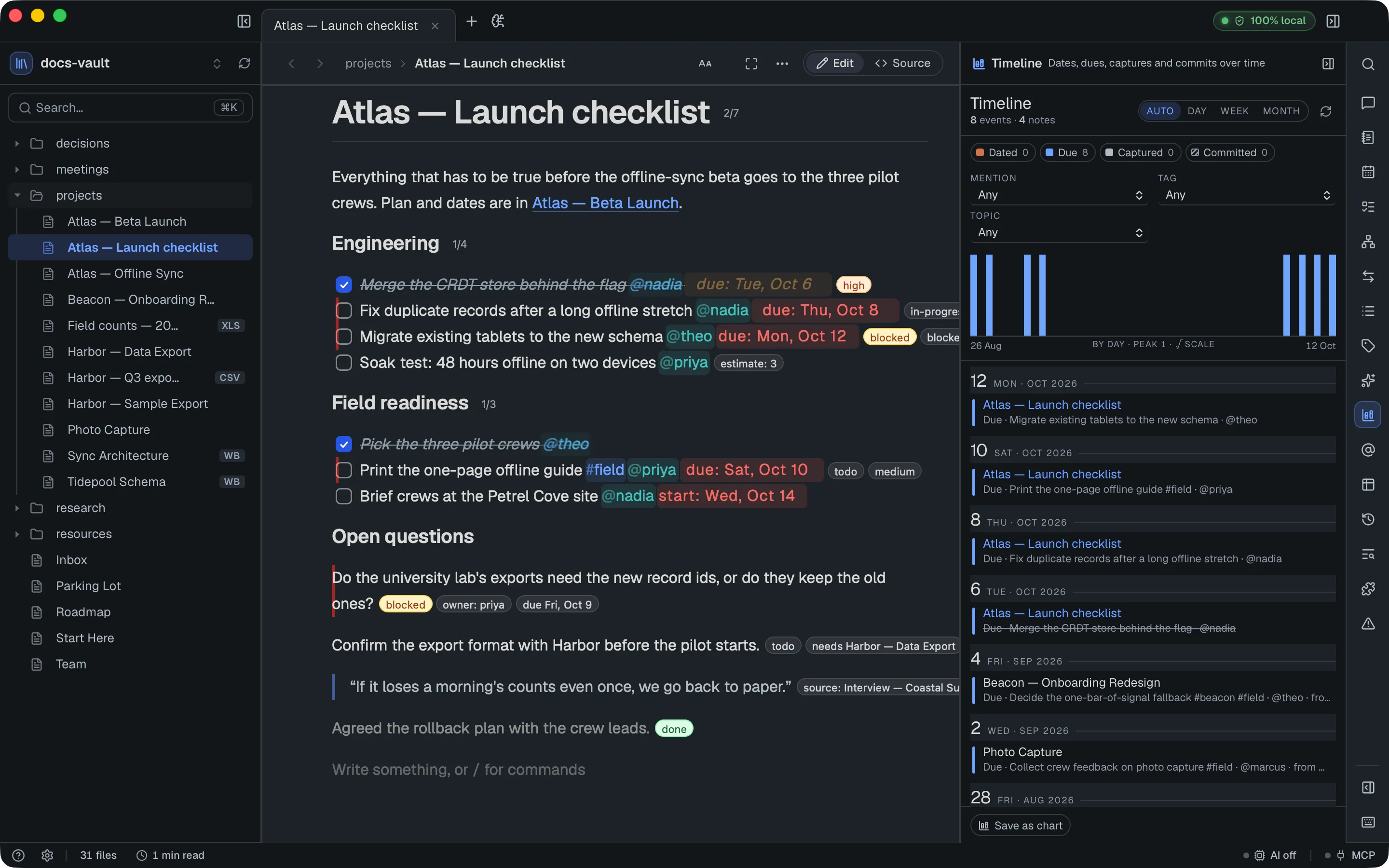 The Timeline panel: kind filters, Mention, Tag and Topic pickers, a bar strip of events by day, and a list of dated rows — due todos from the launch checklist, with the done one struck through.