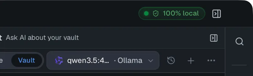 The privacy badge reading "100% local" with a shield icon, above the chat, where a local Ollama model is selected.