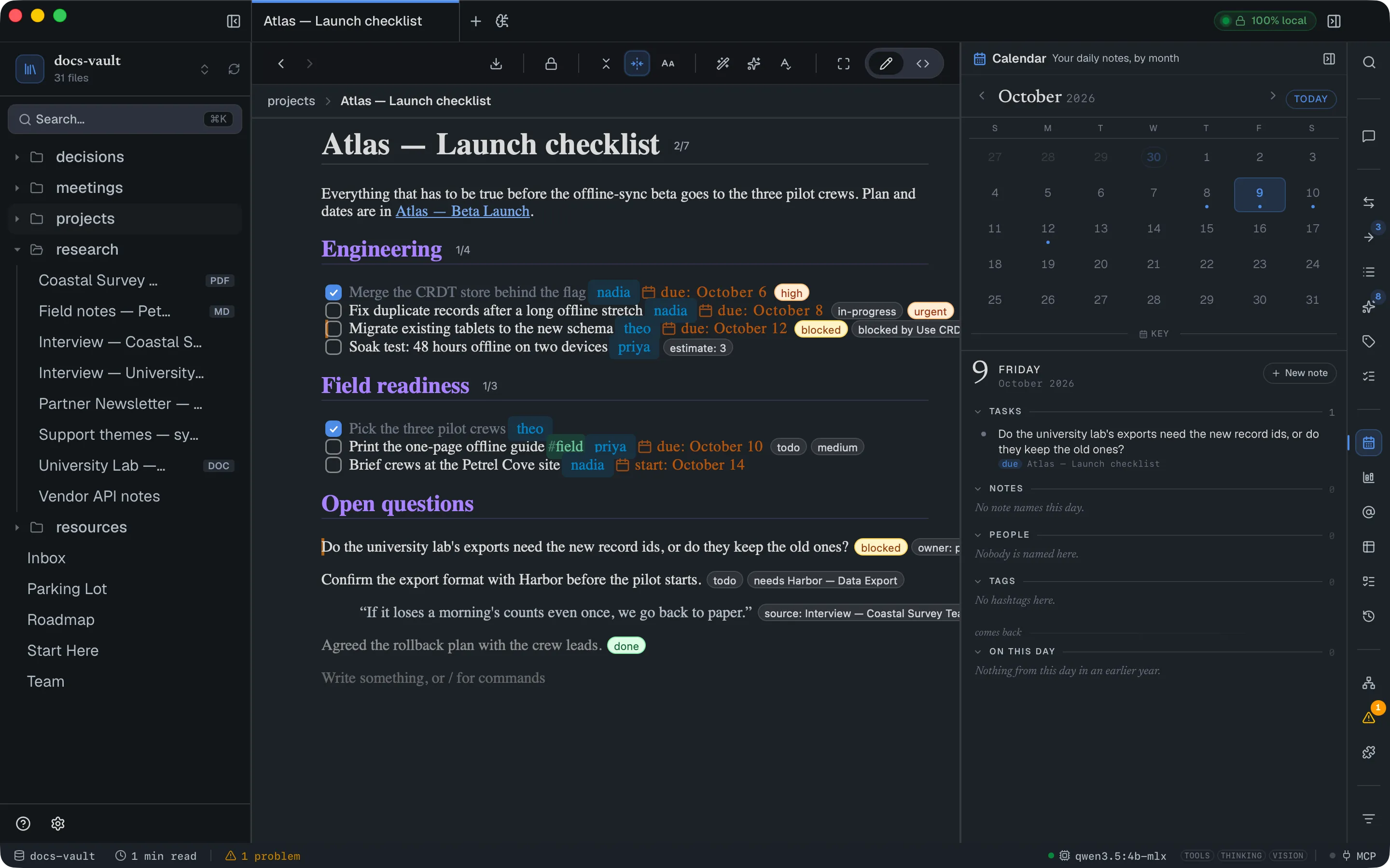 The Calendar panel on October 2026 with dots on due days, and Friday 9 selected: its Tasks section lists a line whose due property is that day, from the launch checklist.