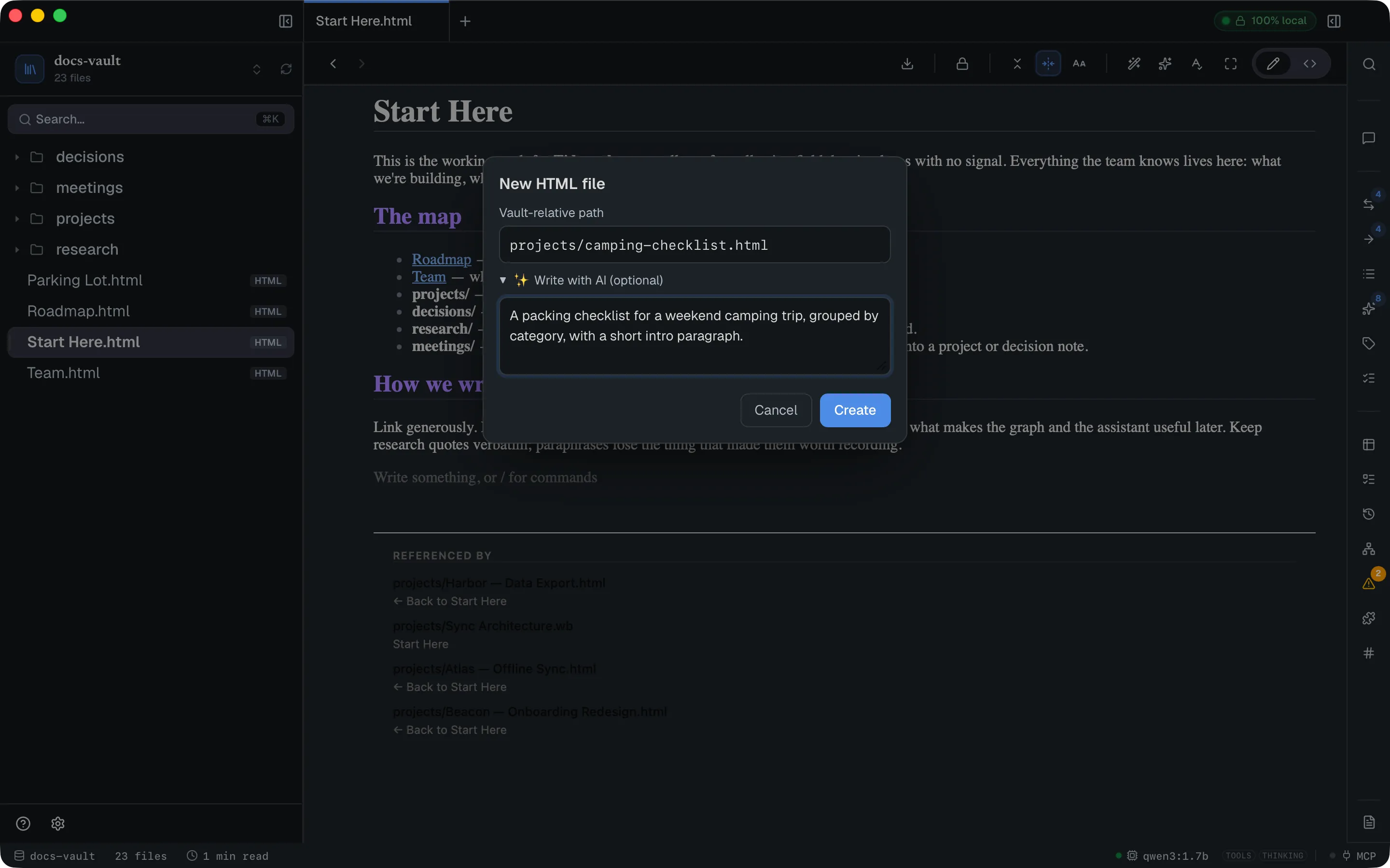 The New HTML file dialog with a path typed in and the "Write with AI (optional)" section expanded, holding an instruction describing a camping packing checklist.