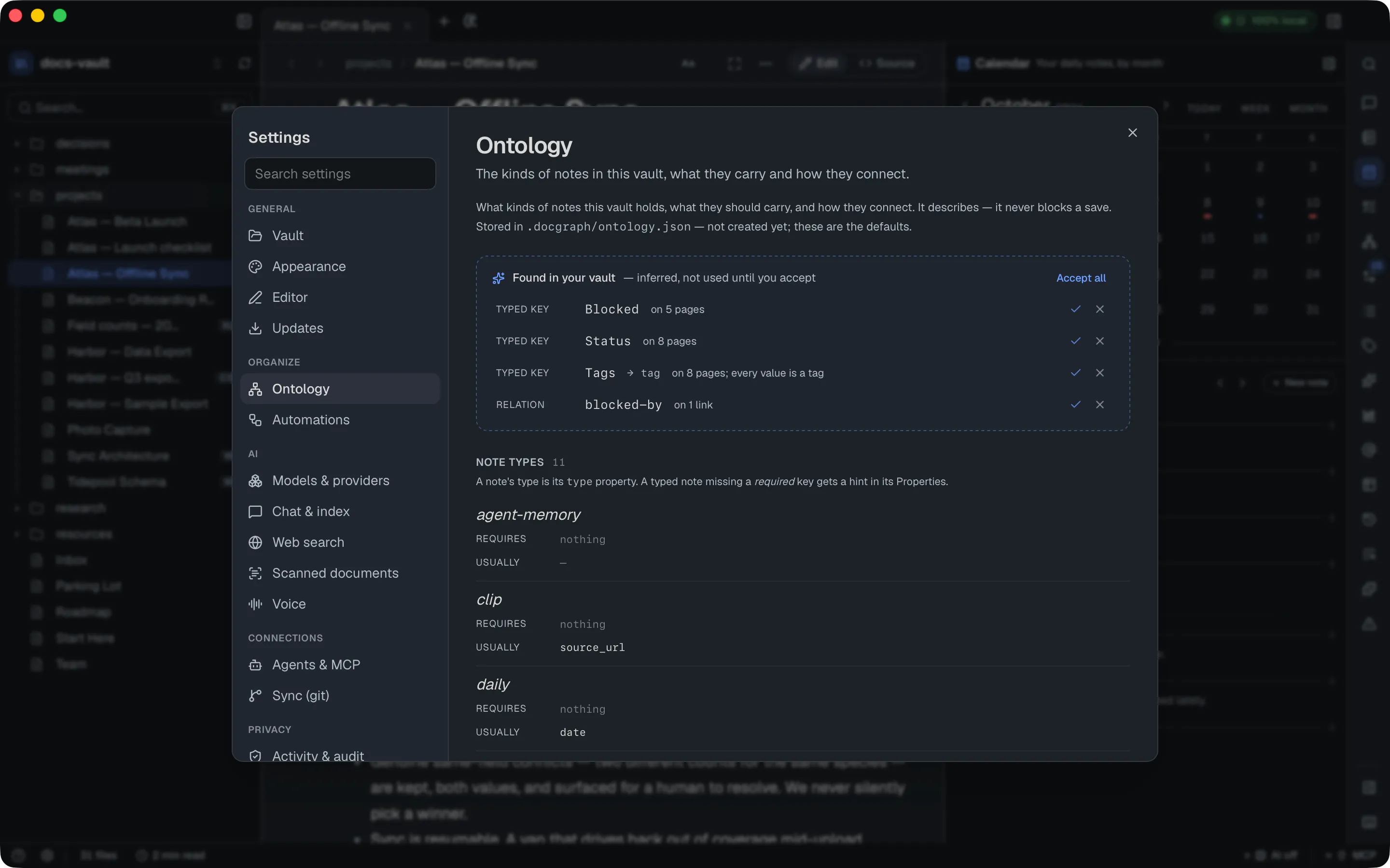 Settings → Organize → Ontology: the "Found in your vault" box offering typed keys and a relation the vault already uses, with Accept all, above the list of note types and what each requires.