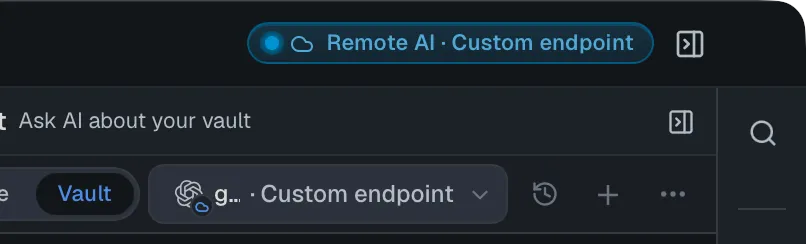 The badge reading "Remote AI · Custom endpoint" while a model on a custom endpoint on the local network is selected; the picker button shows the model's logo with a small cloud badge.