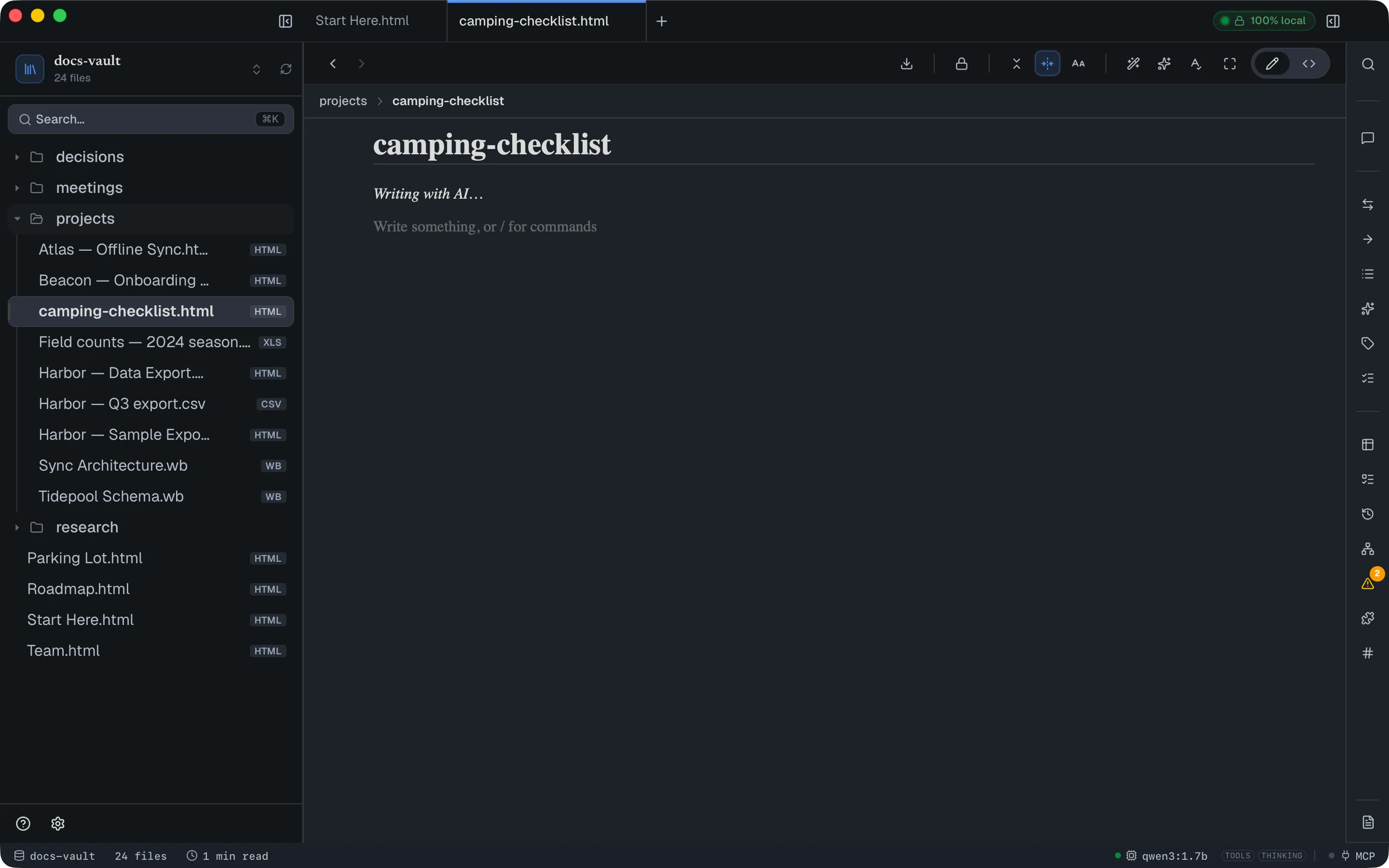 The newly created camping-checklist.html open in a tab, showing the italic placeholder line "Writing with AI…" under the title while the model runs.